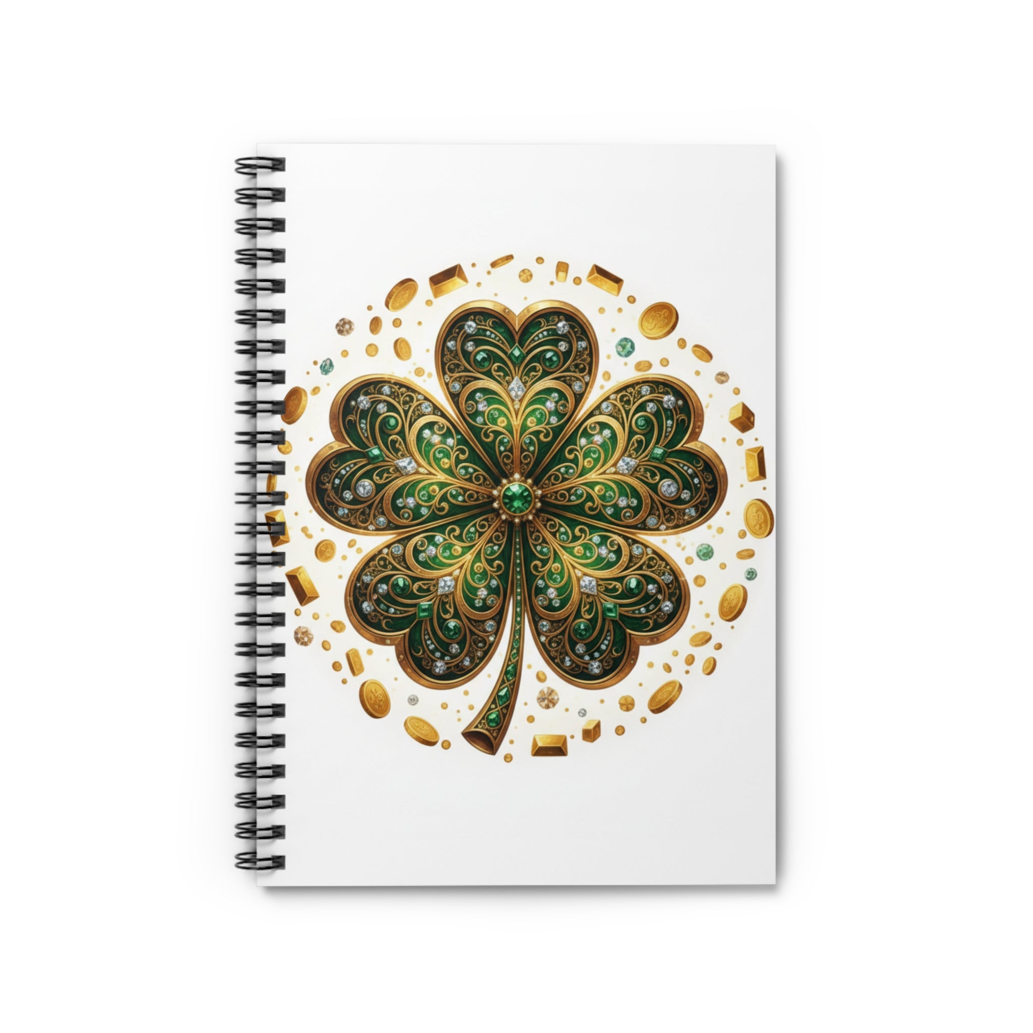Celtic Four-Leaf Clover Spiral Notebook — Green Gold Lucky Journal
