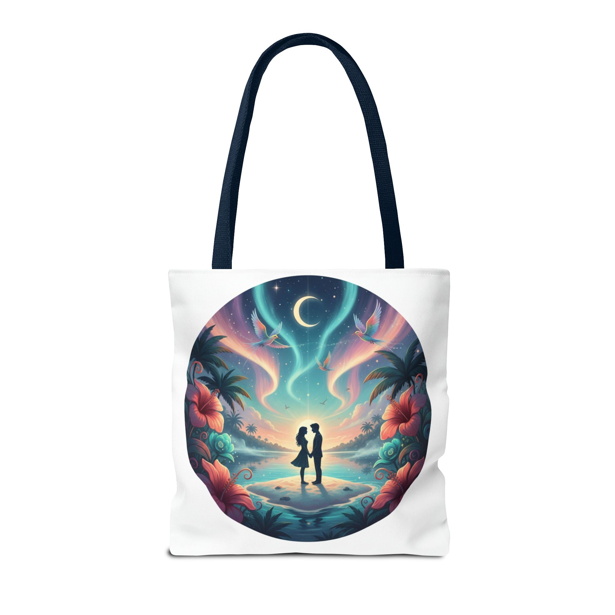 Romantic Moonlit Beach Tote Bag — Couple Silhouette Tropical Night Print