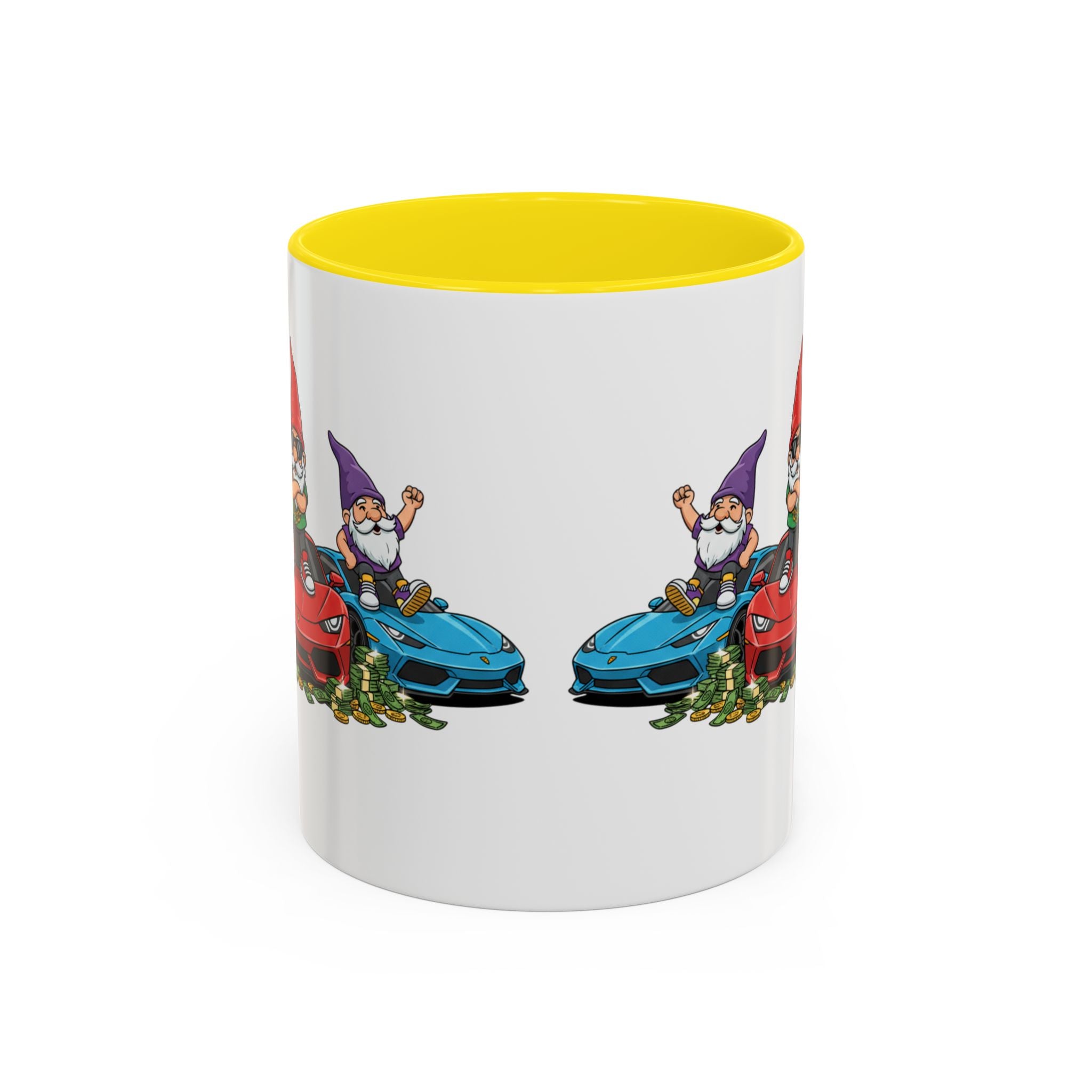 Gnome Car Crew Accent Coffee Mug — Racing Gnomes with Sports Cars (11/15oz)