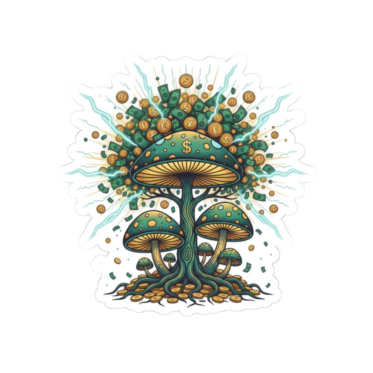 Mushroom Money Tree Sticker — Psychedelic Green & Gold Kiss-Cut Vinyl