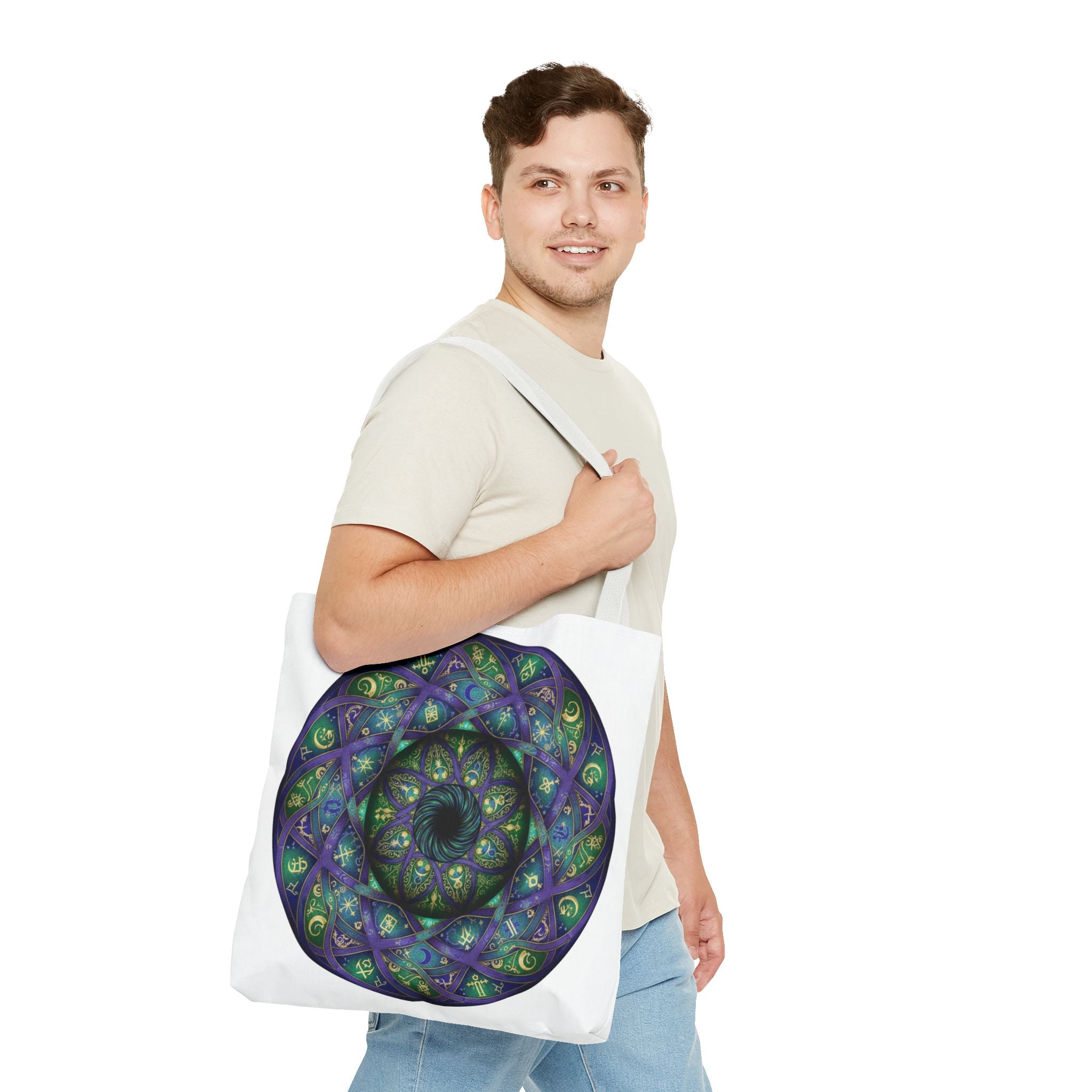 Mystic Mandala Tote Bag — Purple Green Spiral All-Over Print