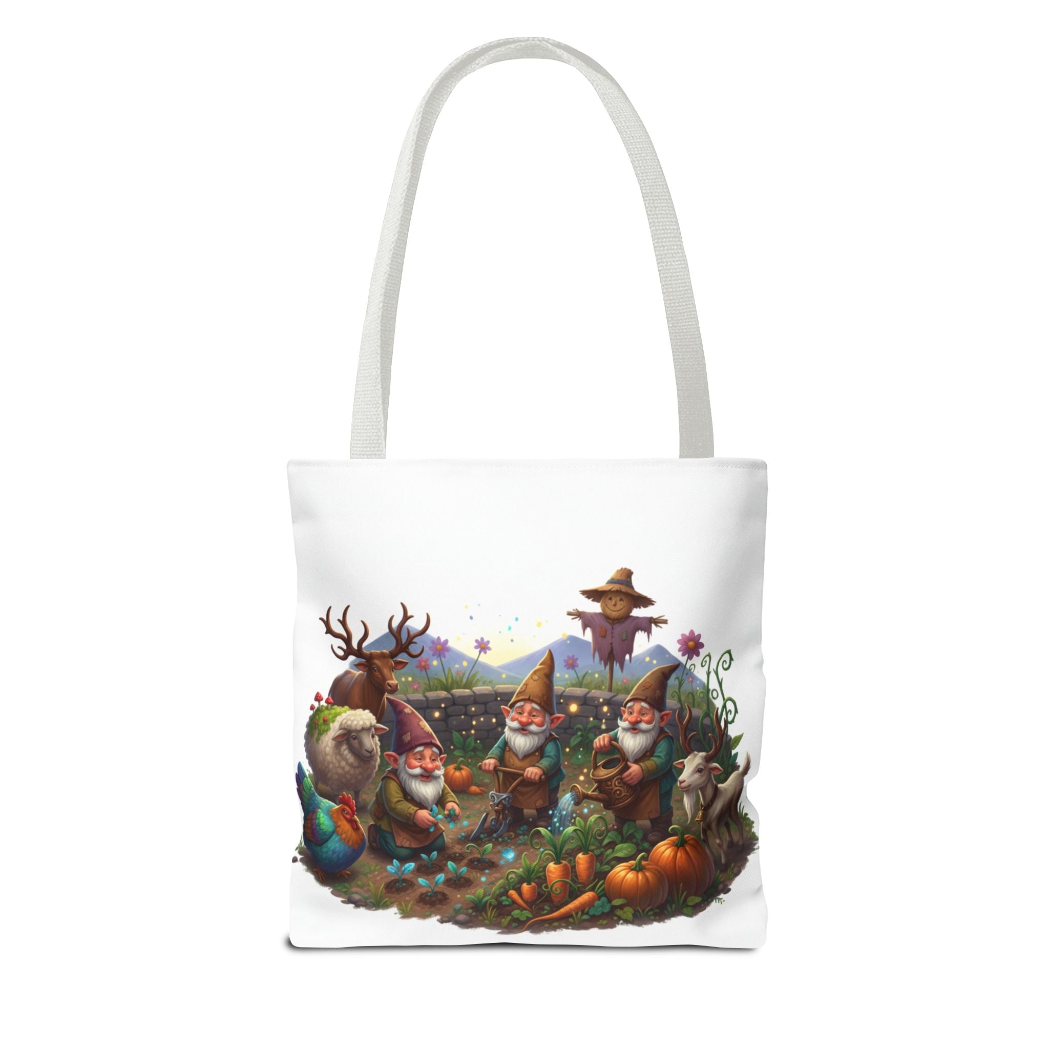 Gnome Garden Tote Bag — Whimsical Gnome & Pumpkin Illustration AOP Tote