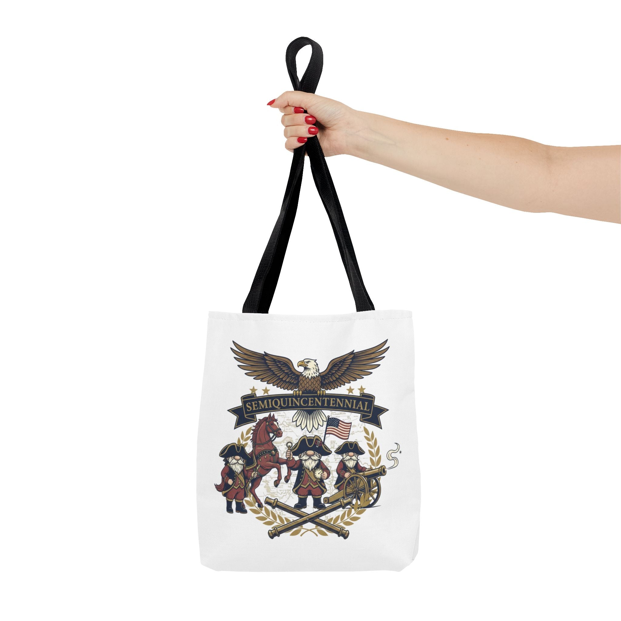 Semiquincentennial Patriotic Tote Bag — Eagle, Colonial Soldiers & Flags All-Over Print