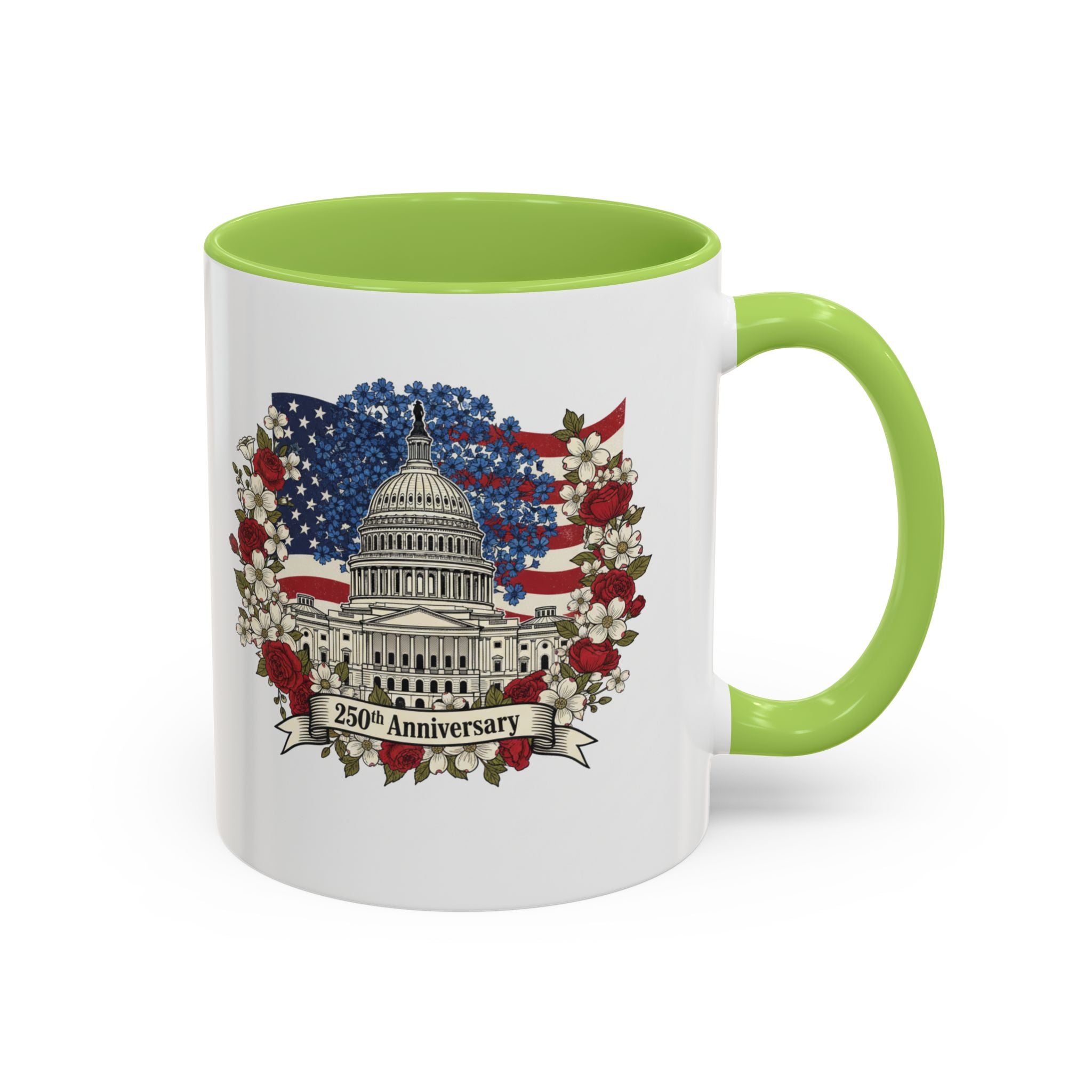 Capitol 250th Anniversary Accent Coffee Mug – Patriotic American Flag Floral Design (11/15oz)
