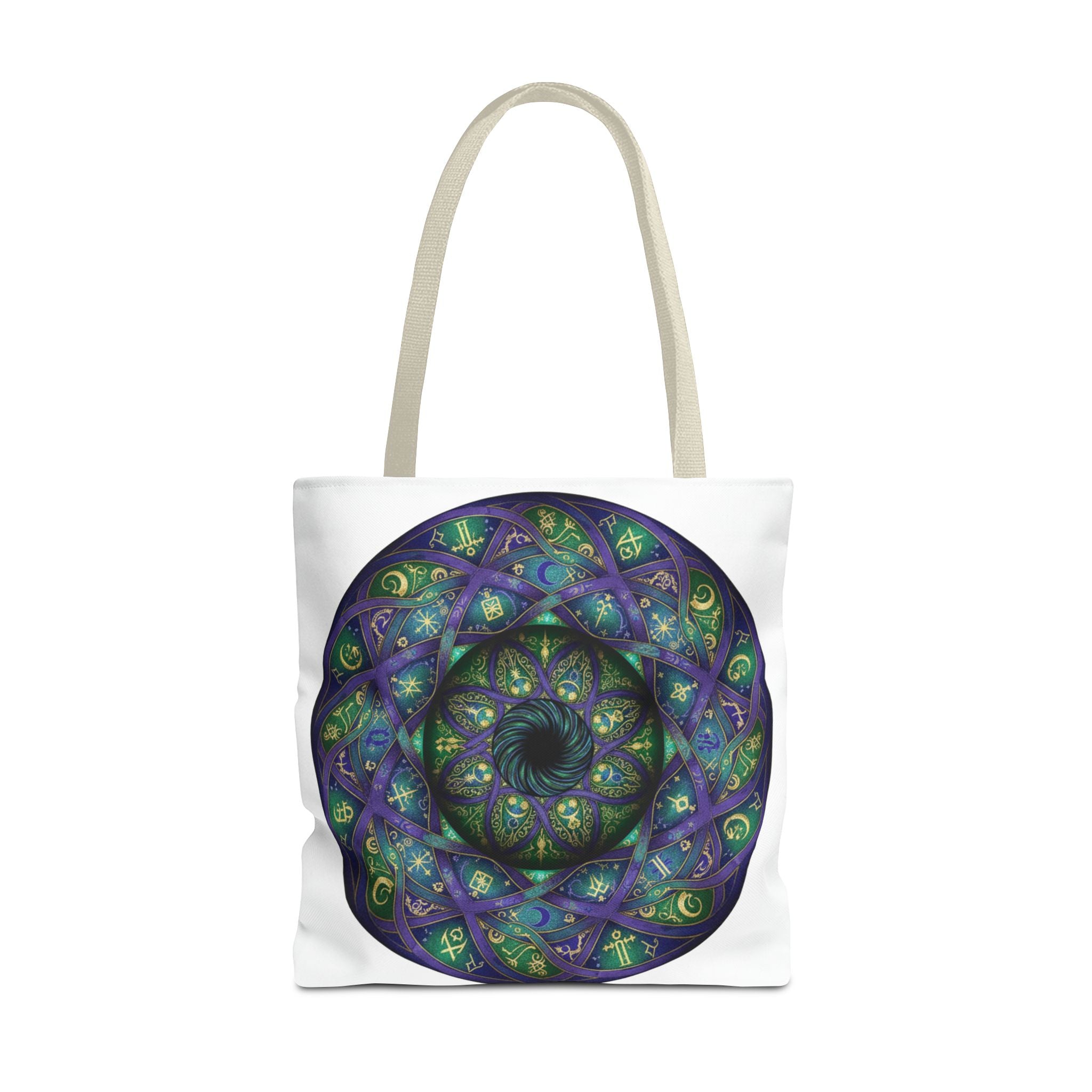 Mystic Mandala Tote Bag — Purple Green Spiral All-Over Print