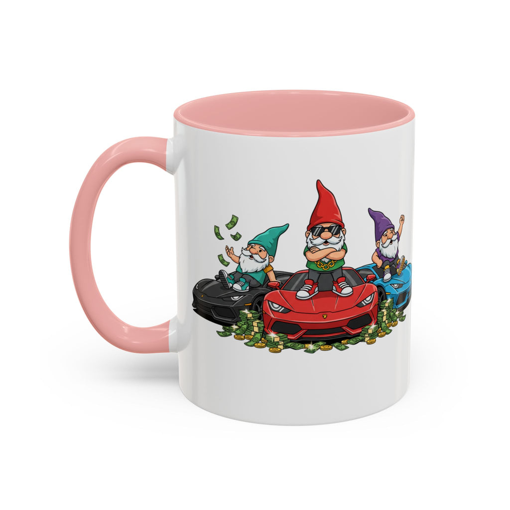 Gnome Car Crew Accent Coffee Mug — Racing Gnomes with Sports Cars (11/15oz)