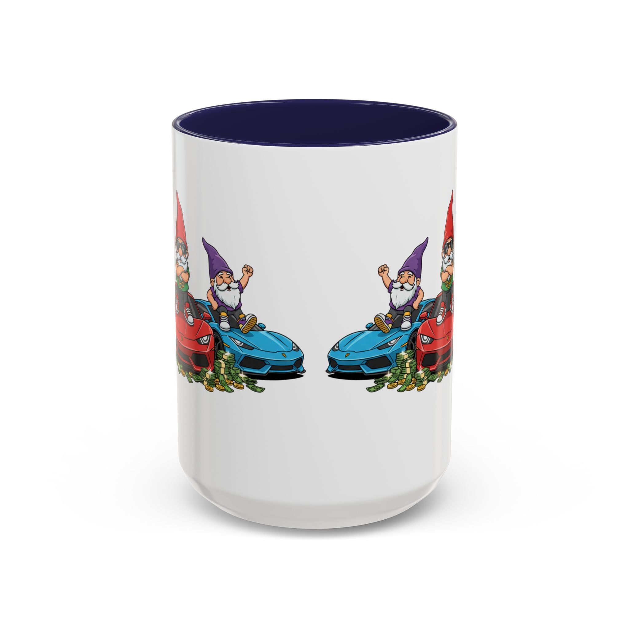 Gnome Car Crew Accent Coffee Mug — Racing Gnomes with Sports Cars (11/15oz)