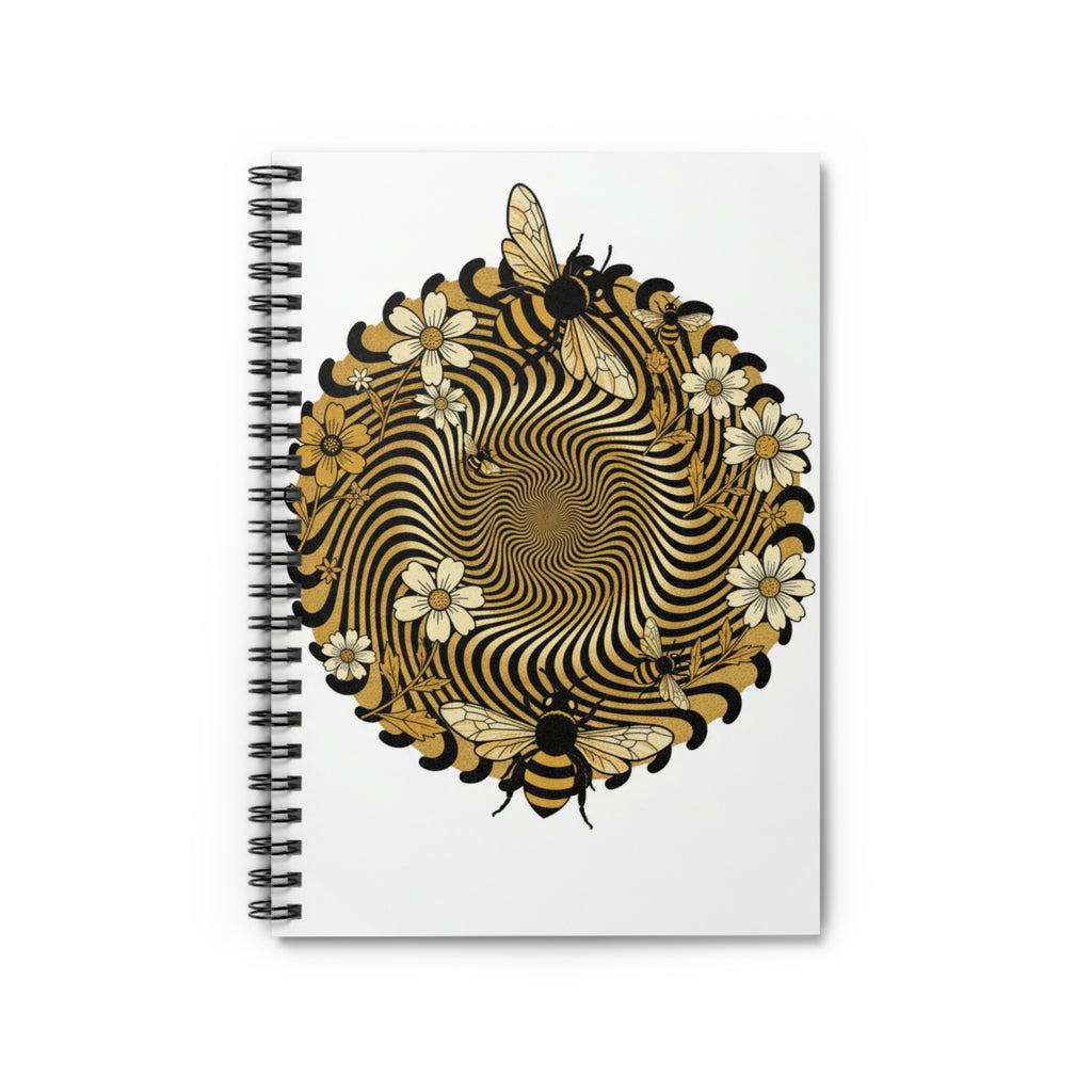 Bee Floral Spiral Notebook — Gold Optical Mandala Ruled Journal