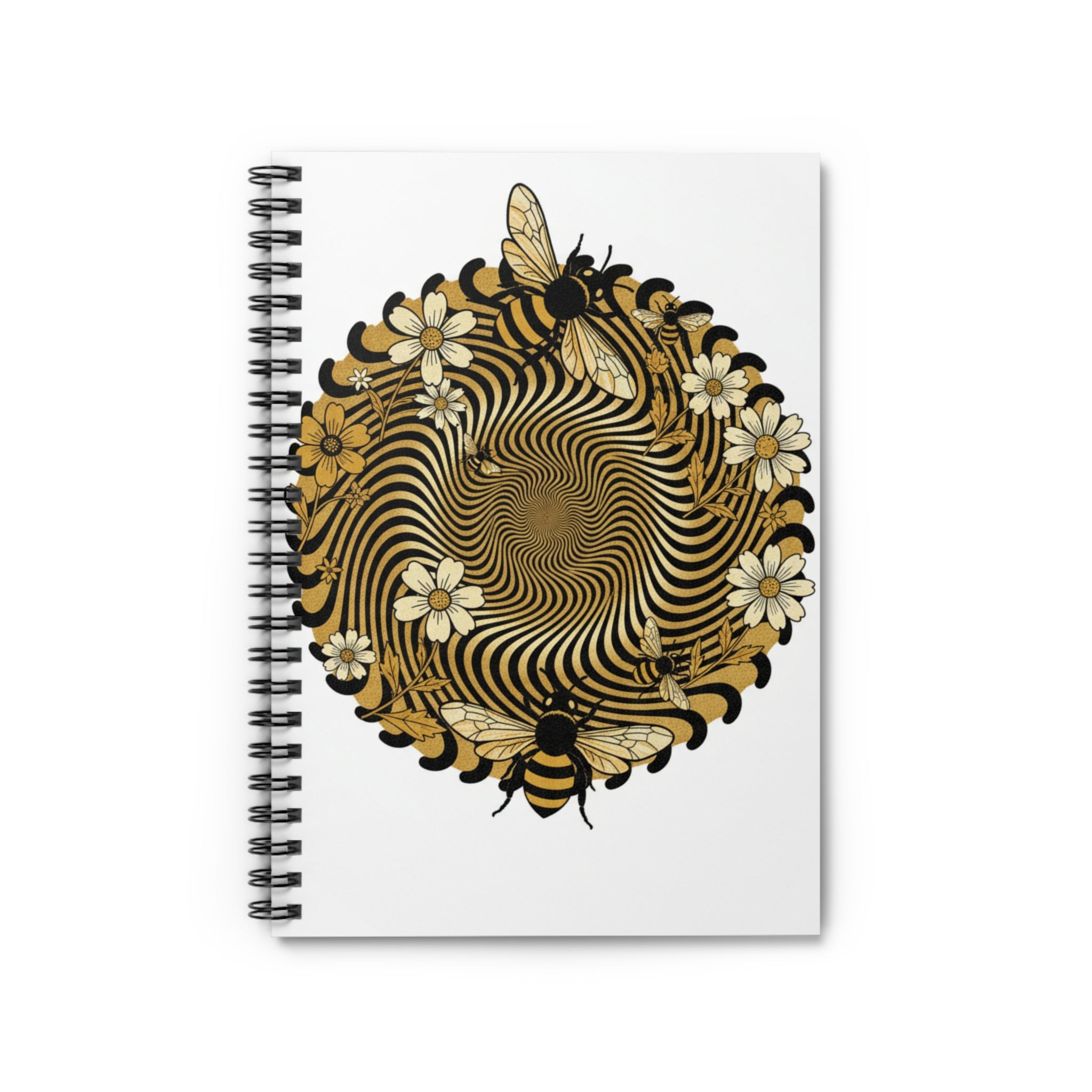 Bee Floral Spiral Notebook — Gold Optical Mandala Ruled Journal