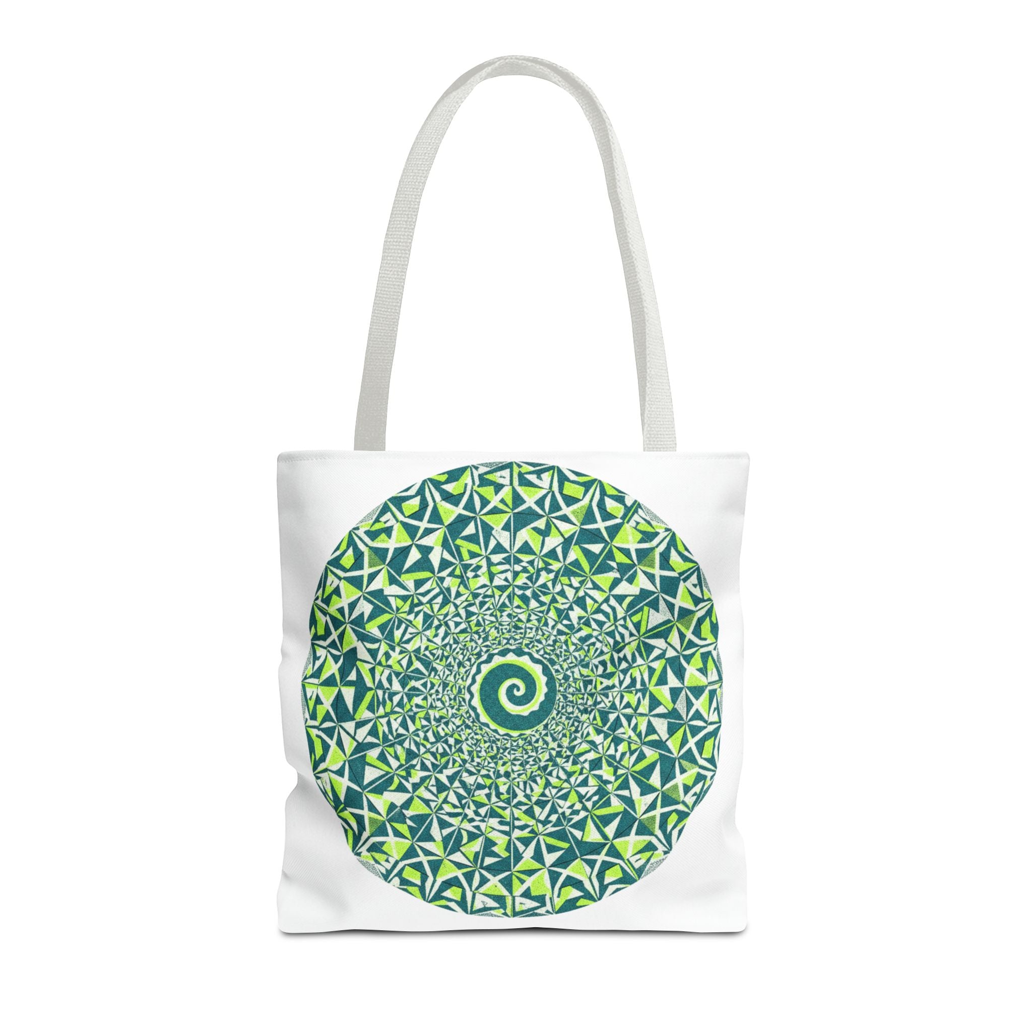 Spiral Mandala Tote Bag — Green Geometric All-Over Print Tote