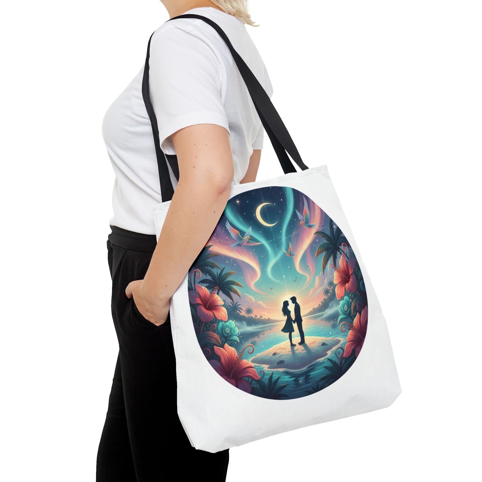 Romantic Moonlit Beach Tote Bag — Couple Silhouette Tropical Night Print
