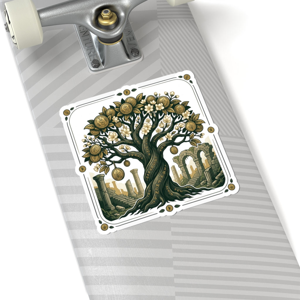 Mythic Money Tree Sticker — Gold Coin Tree Kiss-Cut Sticker for Laptops & Journals