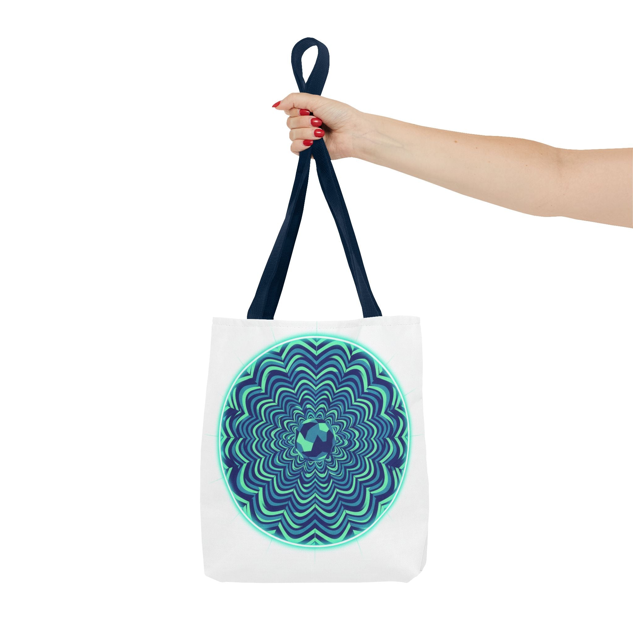 Psychedelic Mandala Tote Bag — Blue Green Optical Art All-Over Print