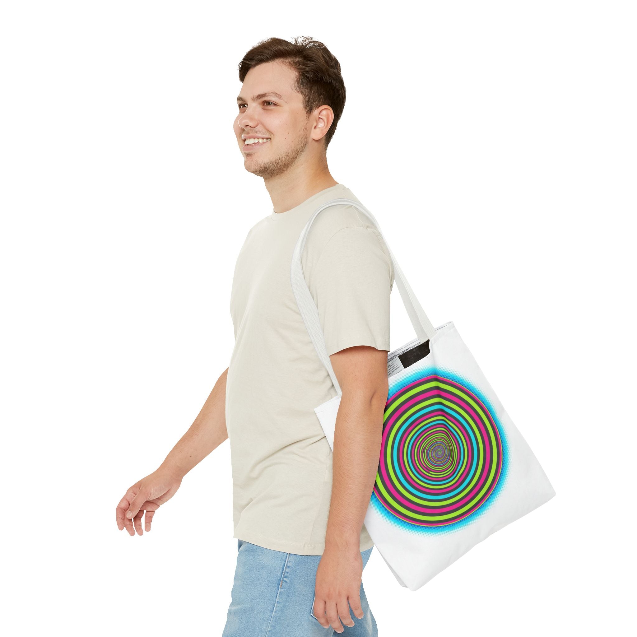 Psychedelic Spiral Tote Bag — Colorful Vortex All-Over Print Tote