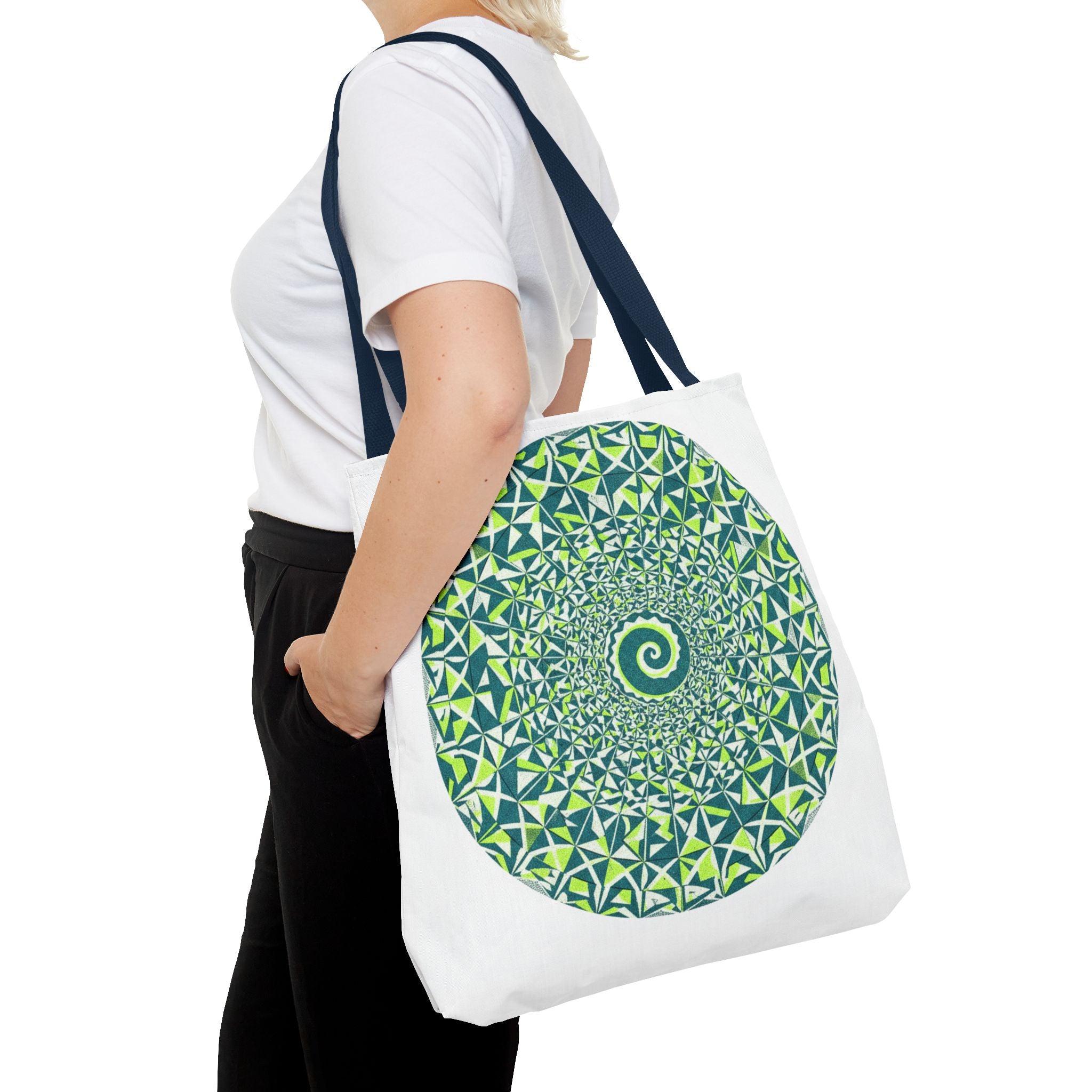 Spiral Mandala Tote Bag — Green Geometric All-Over Print Tote