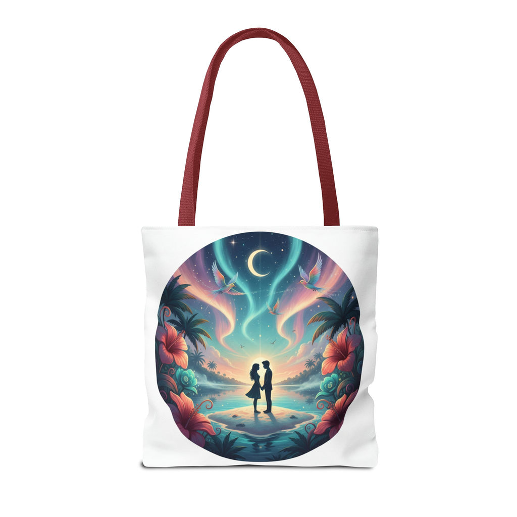Romantic Moonlit Beach Tote Bag — Couple Silhouette Tropical Night Print