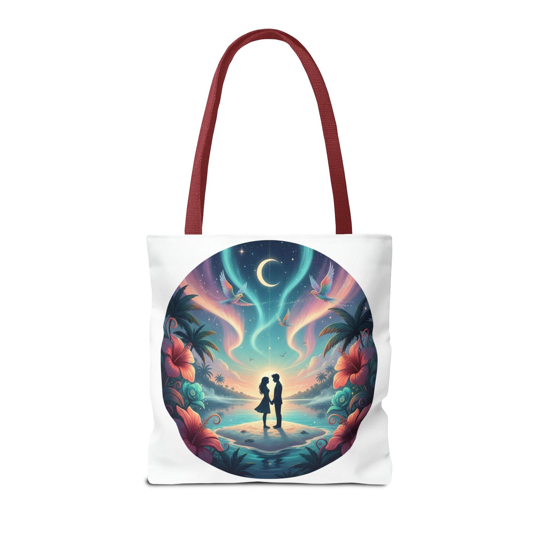 Romantic Moonlit Beach Tote Bag — Couple Silhouette Tropical Night Print