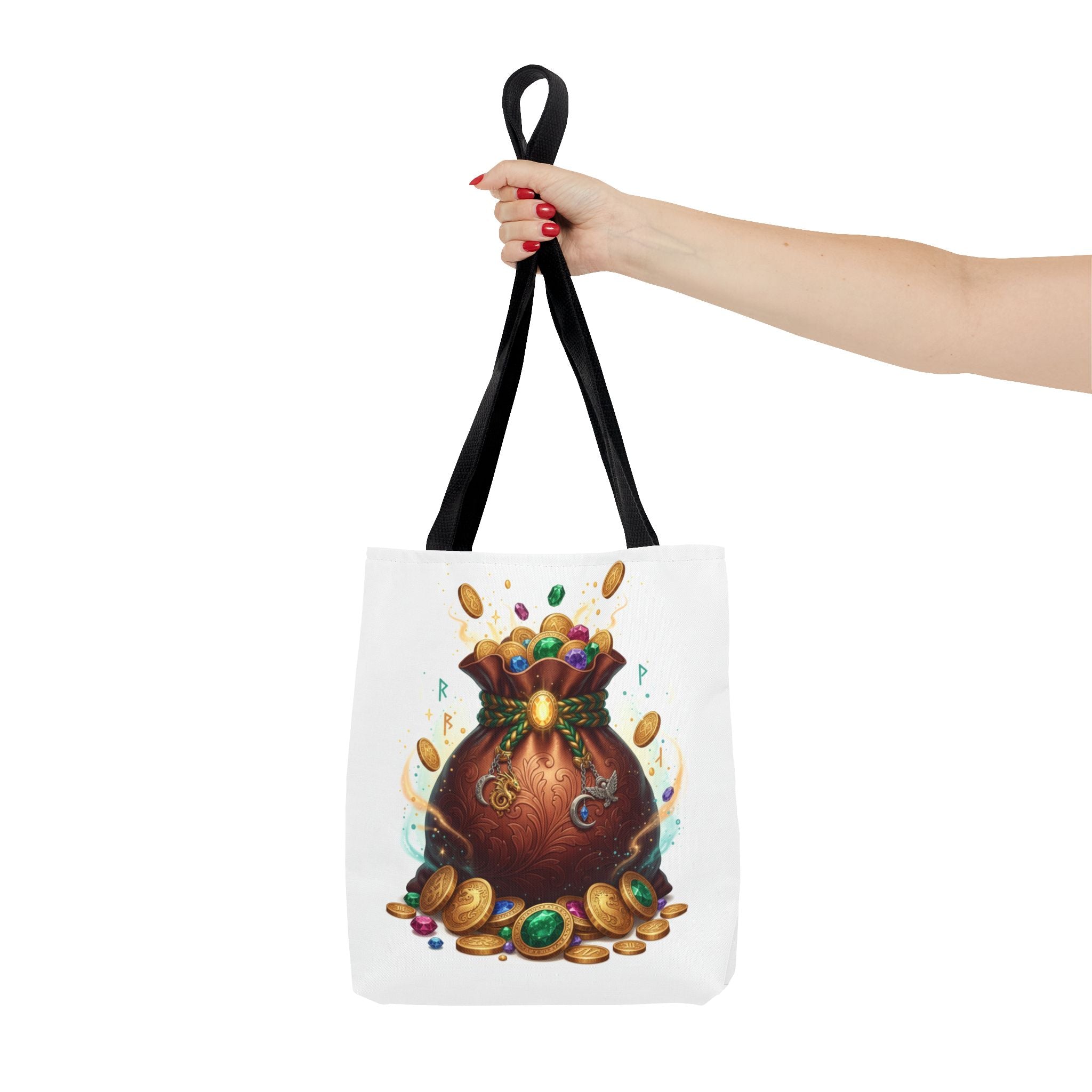 Treasure Pouch Tote Bag — Colorful Gem & Gold Coin All-Over Print Tote
