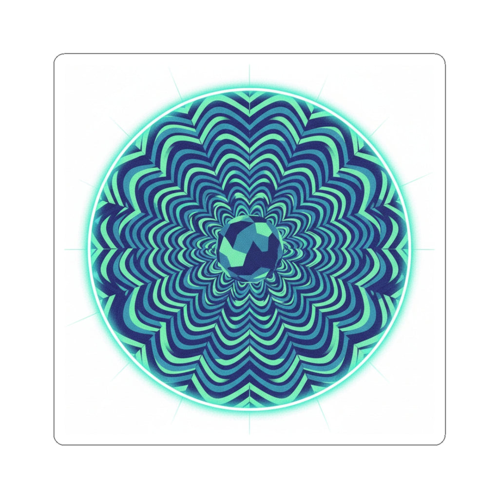 Psychedelic Mandala Circle Sticker — Teal Optical Illusion Kiss-Cut