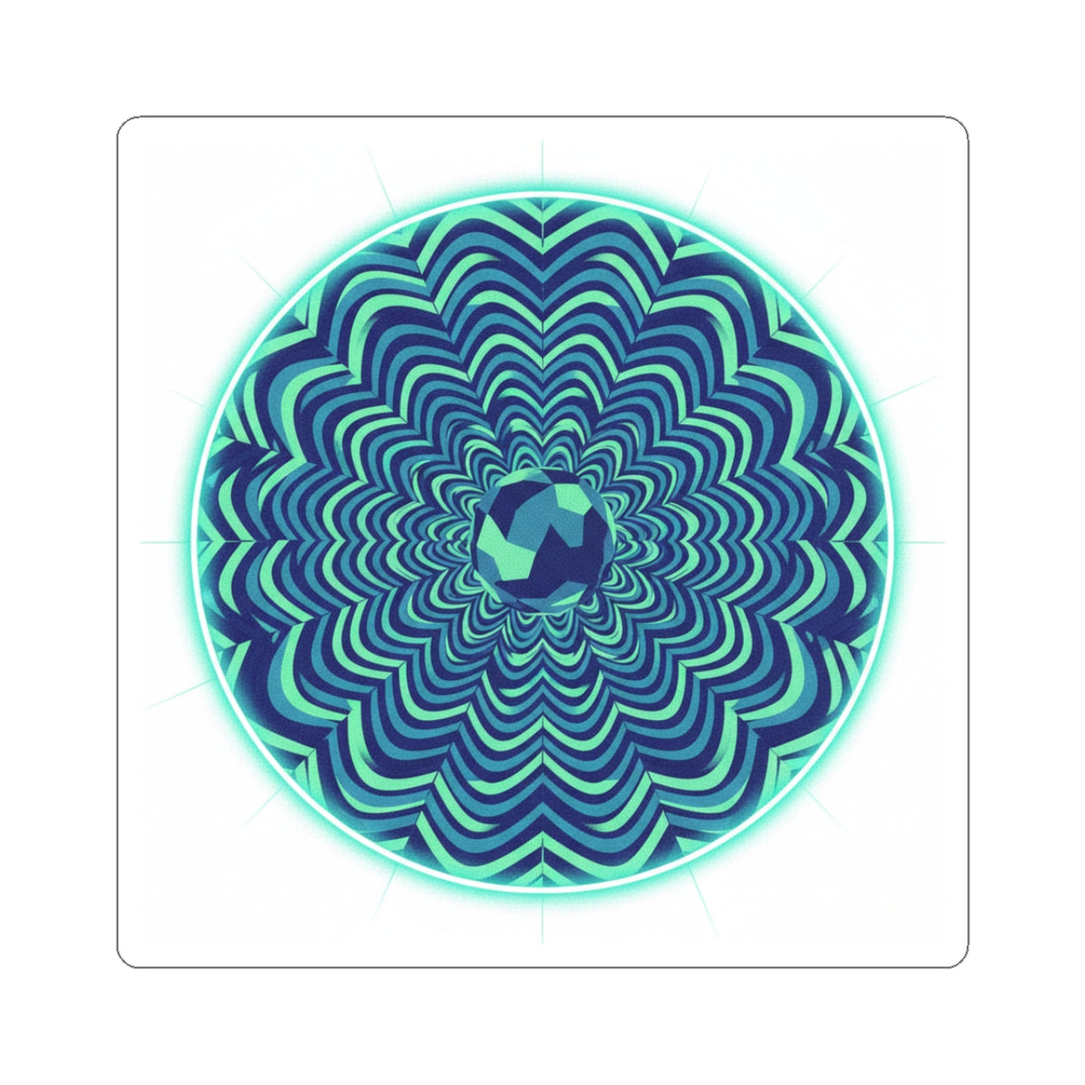 Psychedelic Mandala Circle Sticker — Teal Optical Illusion Kiss-Cut