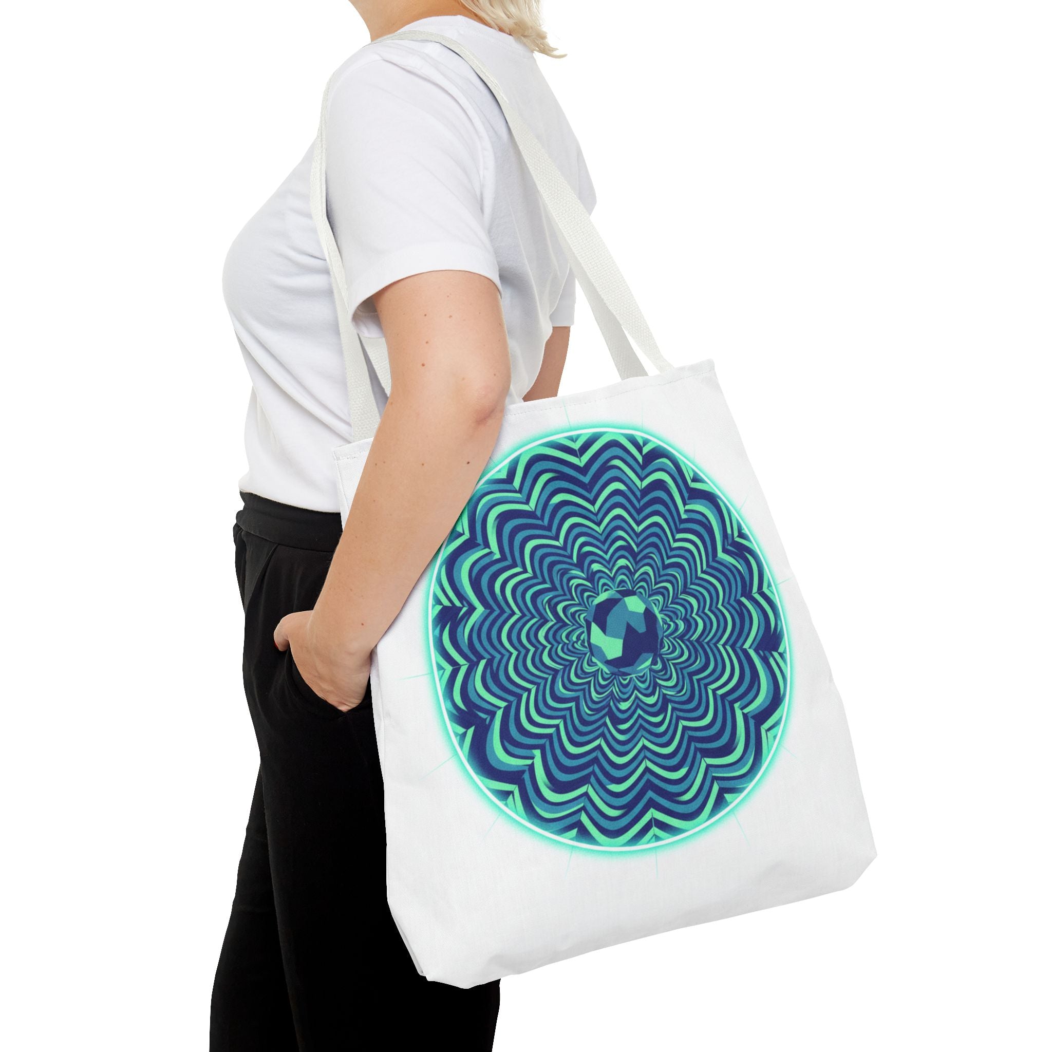 Psychedelic Mandala Tote Bag — Blue Green Optical Art All-Over Print