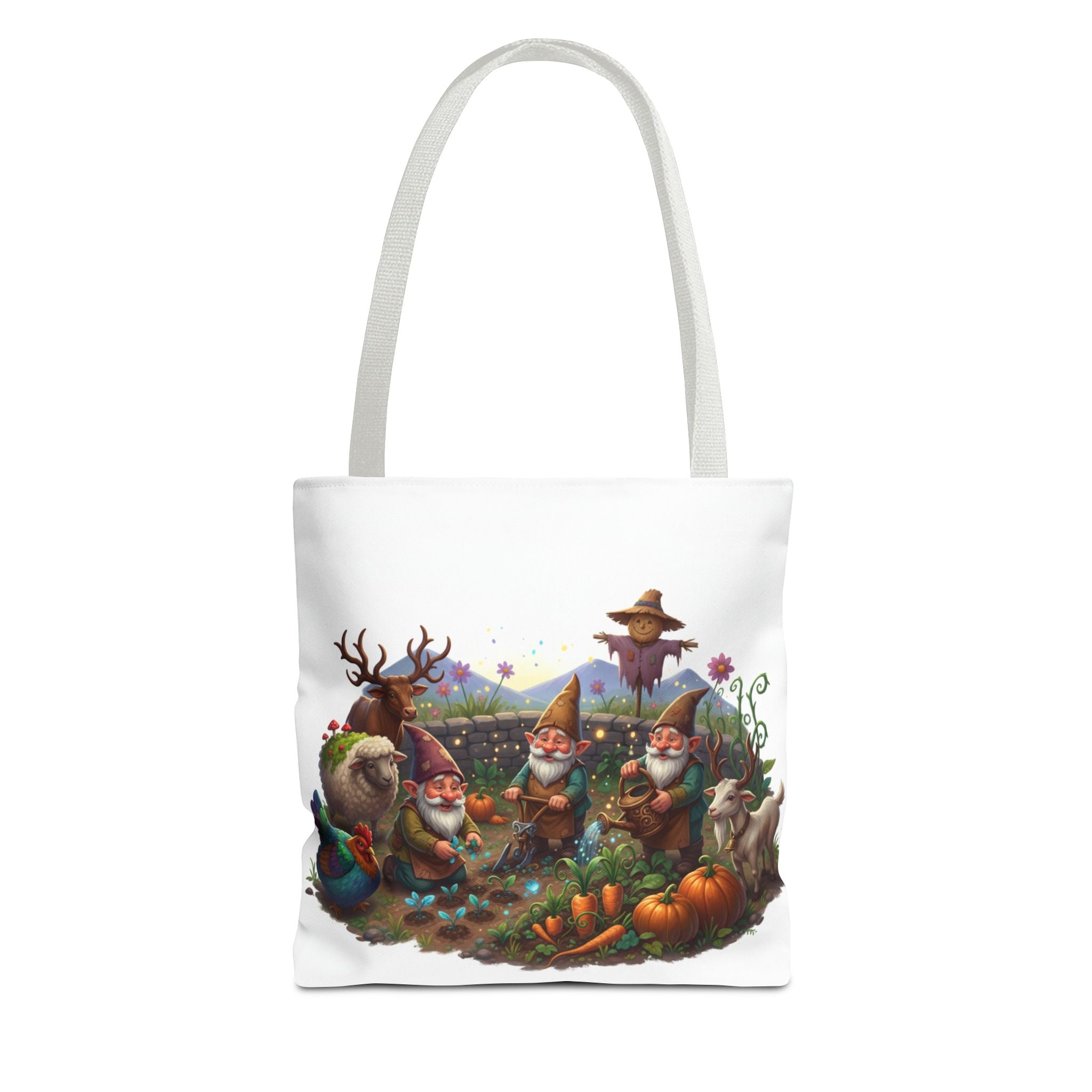 Gnome Garden Tote Bag — Whimsical Gnome & Pumpkin Illustration AOP Tote