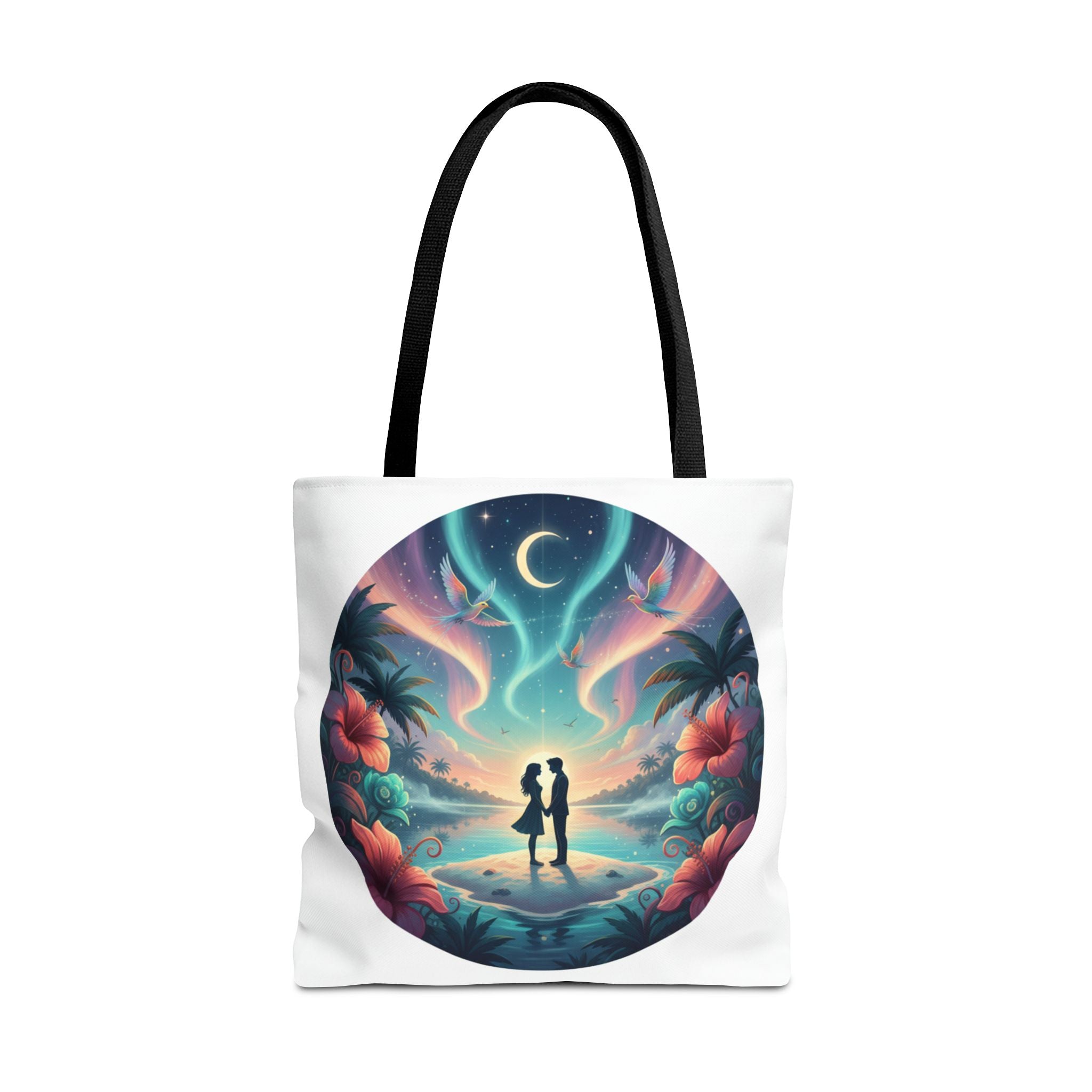 Romantic Moonlit Beach Tote Bag — Couple Silhouette Tropical Night Print