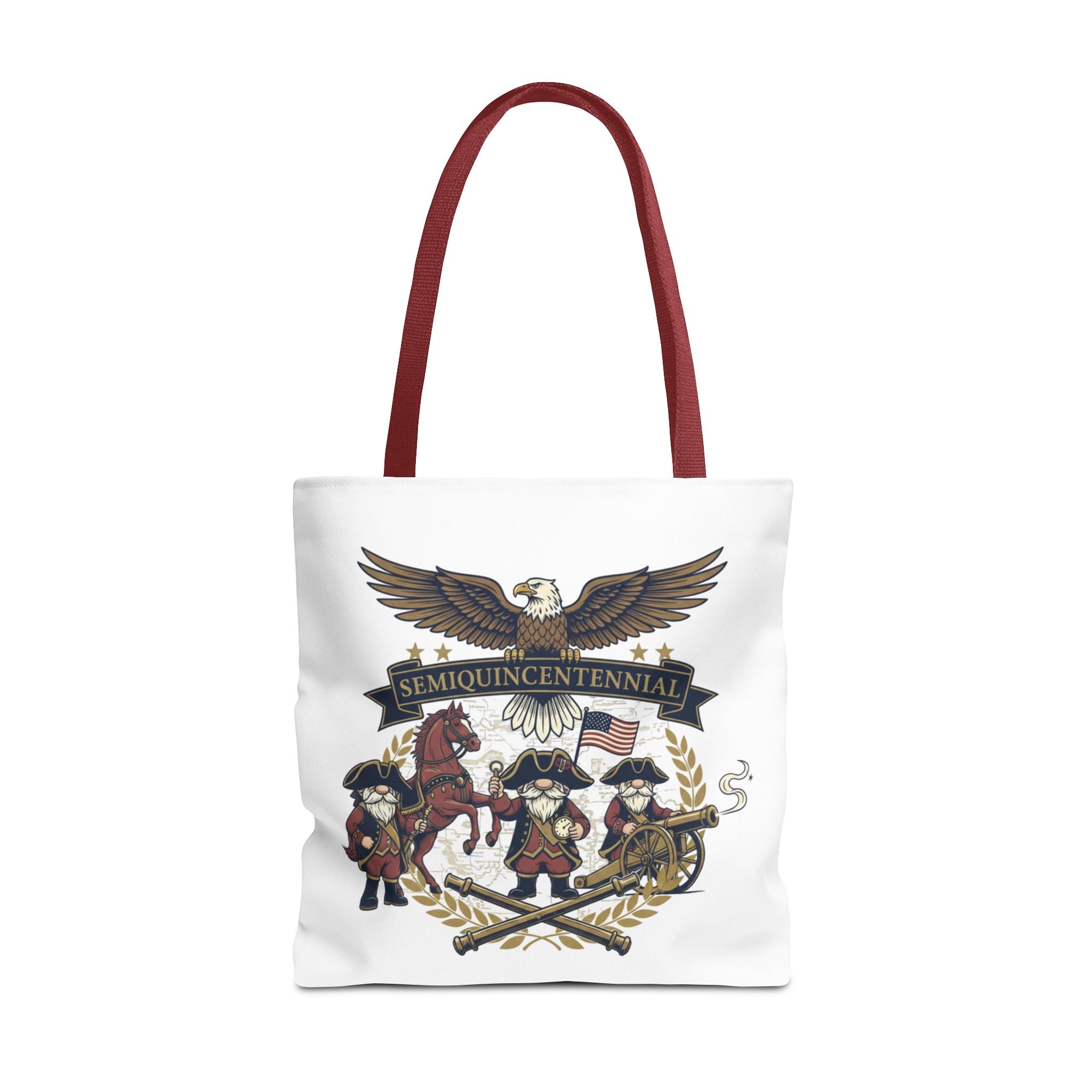 Semiquincentennial Patriotic Tote Bag — Eagle, Colonial Soldiers & Flags All-Over Print