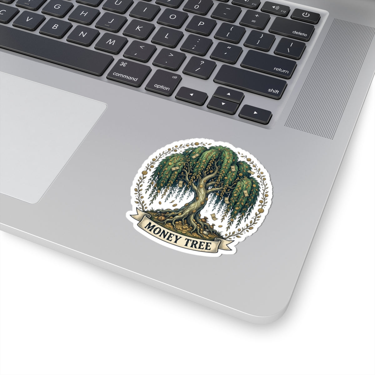Money Tree Sticker — Illustrated Willow with Cash Leaves, Lucky Finance Laptop Decal