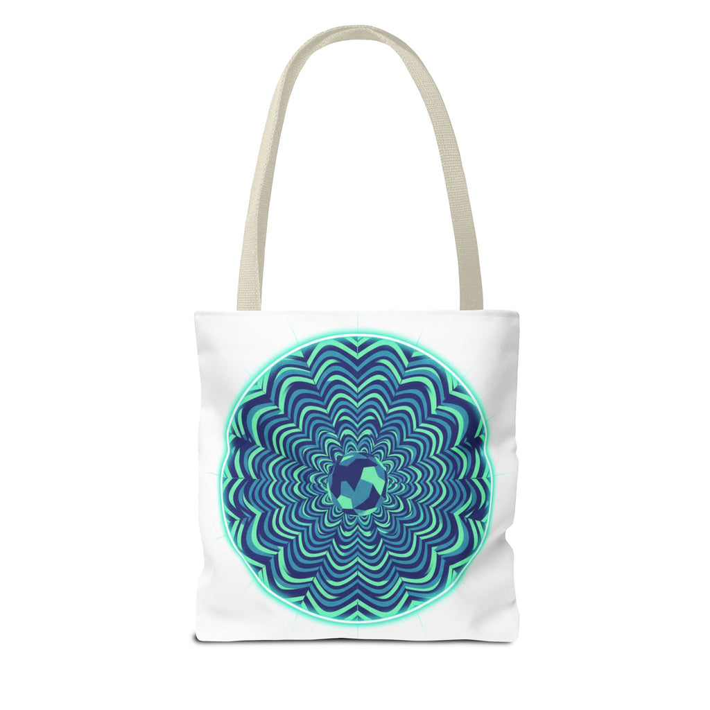 Psychedelic Mandala Tote Bag — Blue Green Optical Art All-Over Print