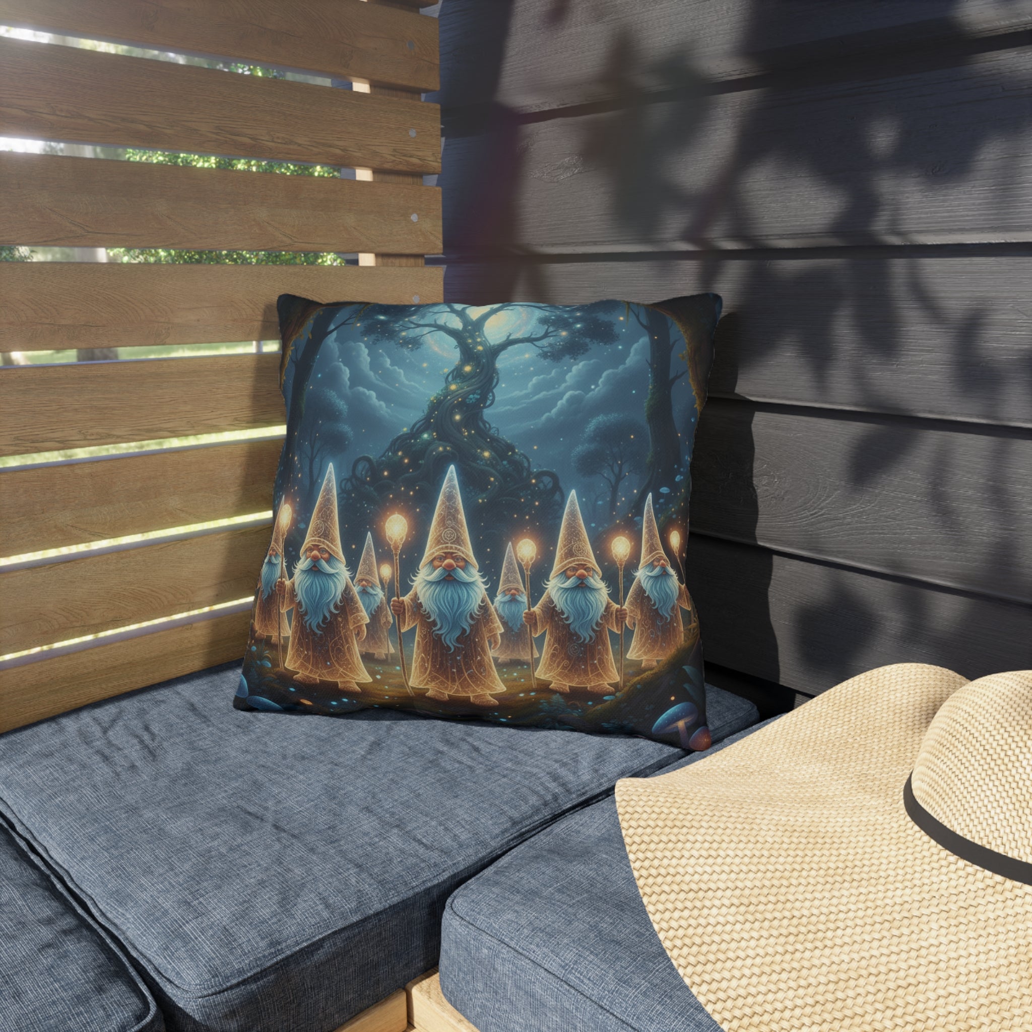 Whimsical Gnome Lantern Outdoor Pillow — Magical Forest Garden Decor