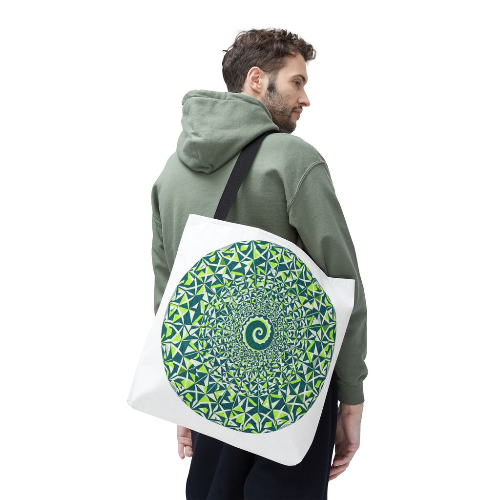 Spiral Mandala Tote Bag — Green Geometric All-Over Print Tote