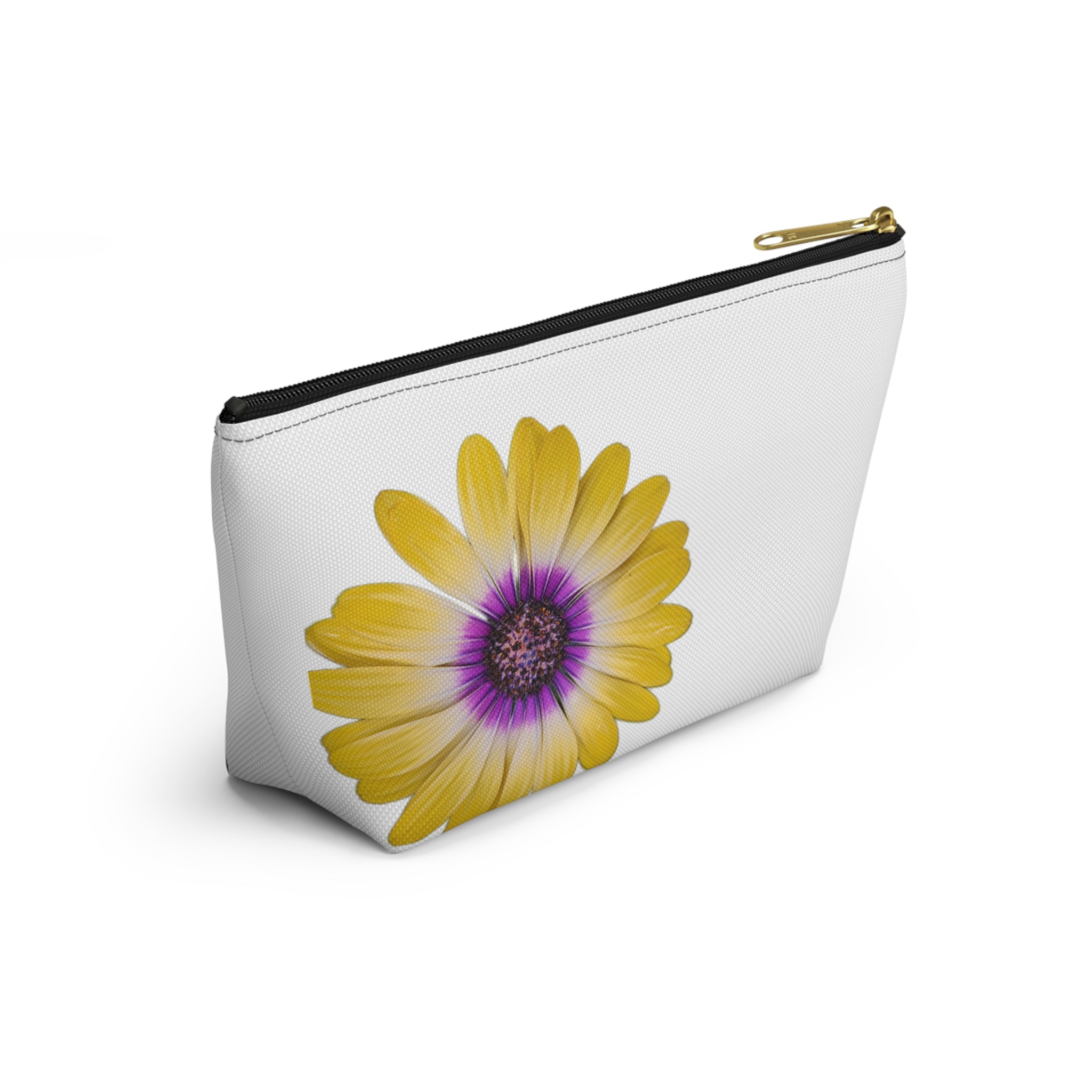 Yellow Purple Daisy Accessory Pouch — Floral Makeup Bag with T-Bottom