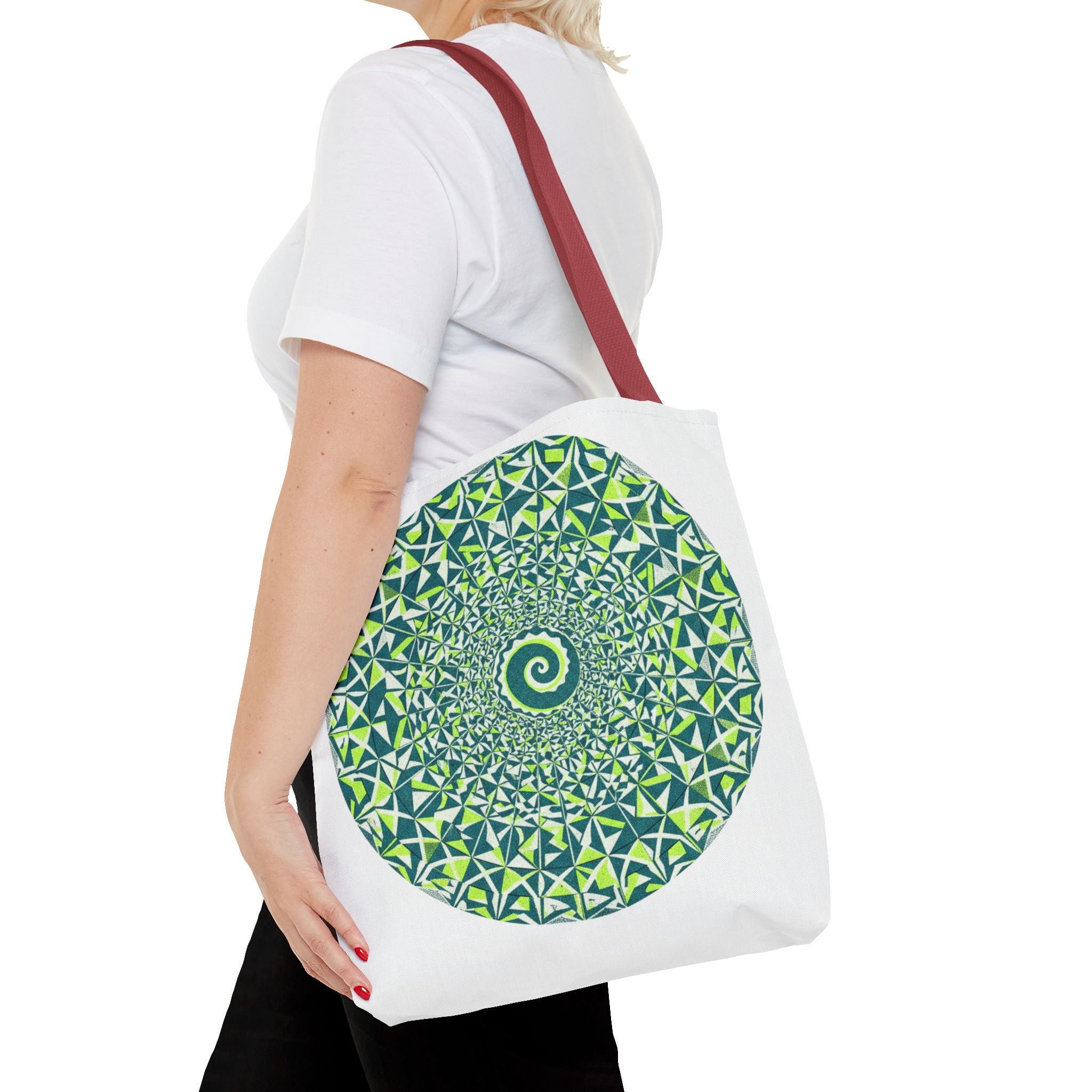 Spiral Mandala Tote Bag — Green Geometric All-Over Print Tote