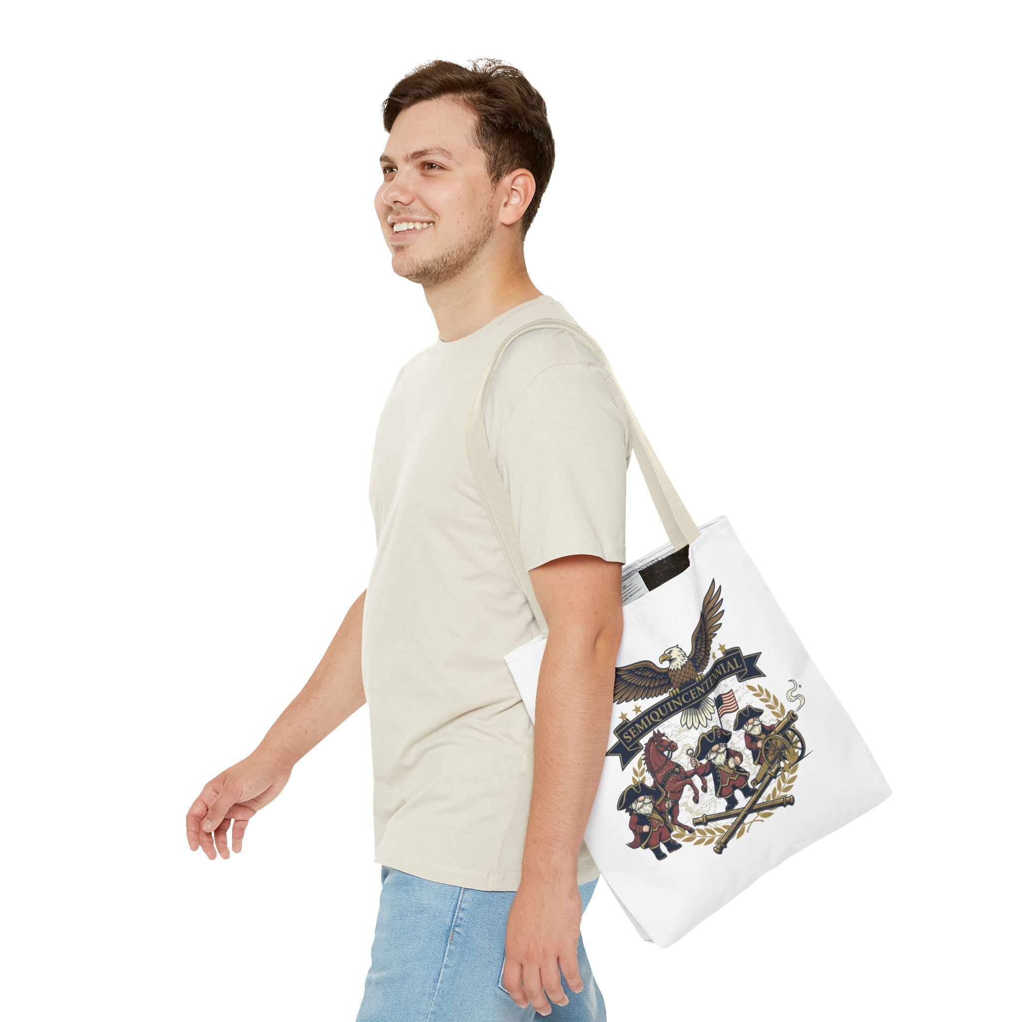 Semiquincentennial Patriotic Tote Bag — Eagle, Colonial Soldiers & Flags All-Over Print