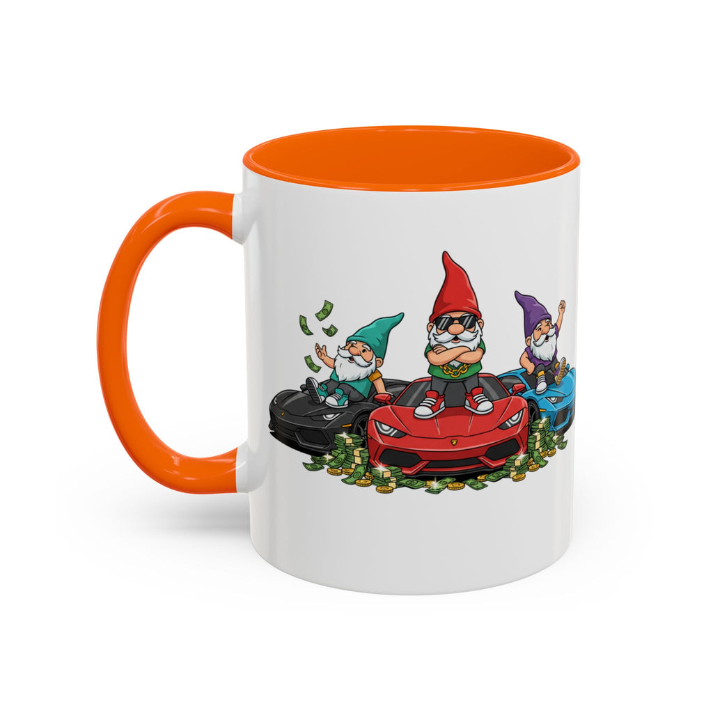 Gnome Car Crew Accent Coffee Mug — Racing Gnomes with Sports Cars (11/15oz)