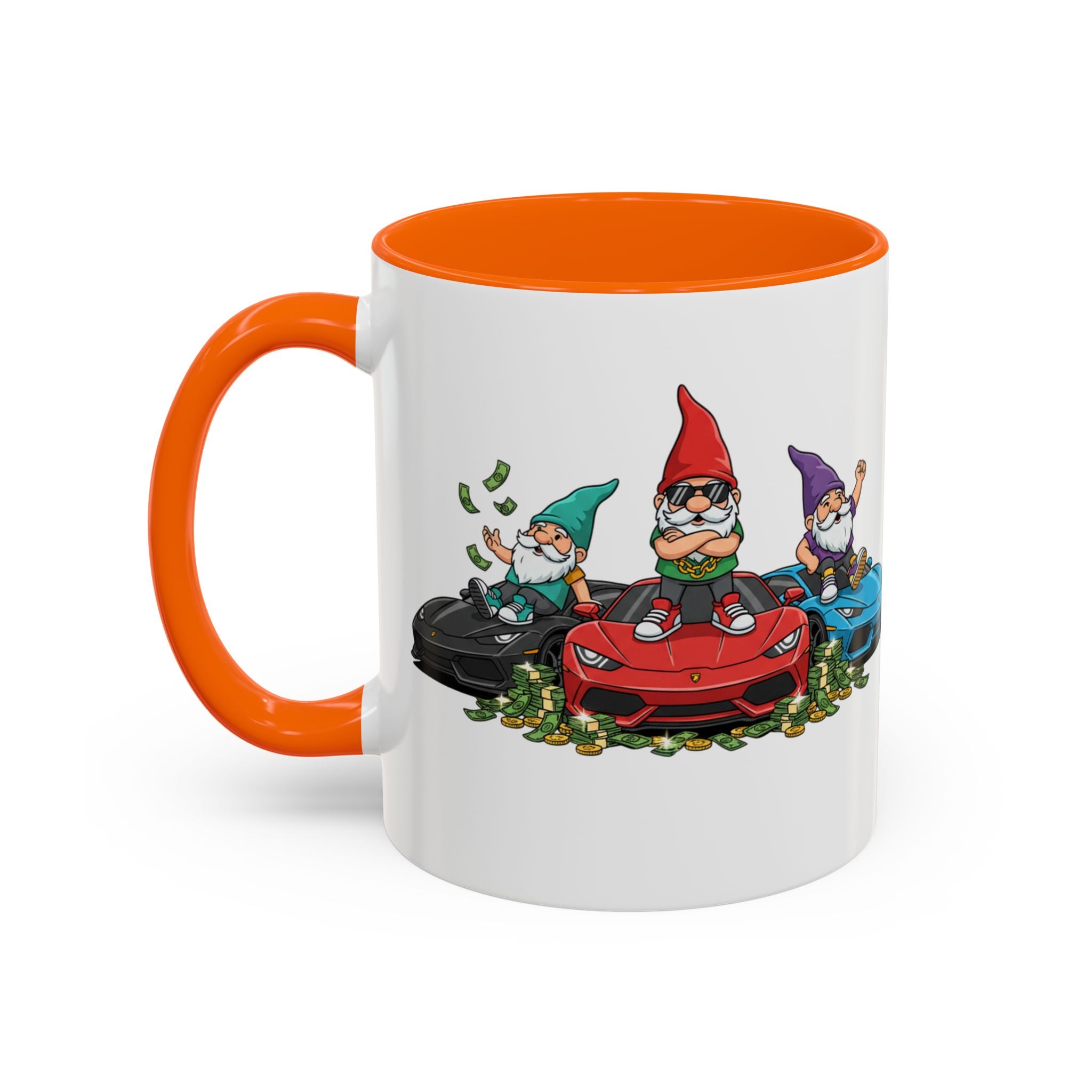 Gnome Car Crew Accent Coffee Mug — Racing Gnomes with Sports Cars (11/15oz)