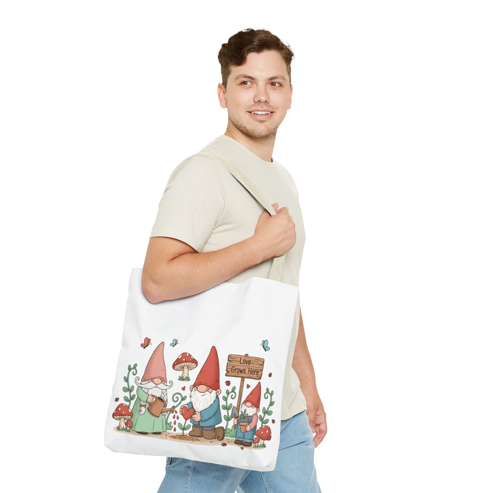 Gnome Garden Tote Bag — Cute Gardening Gnomes "Love Grows Here" Canvas Tote