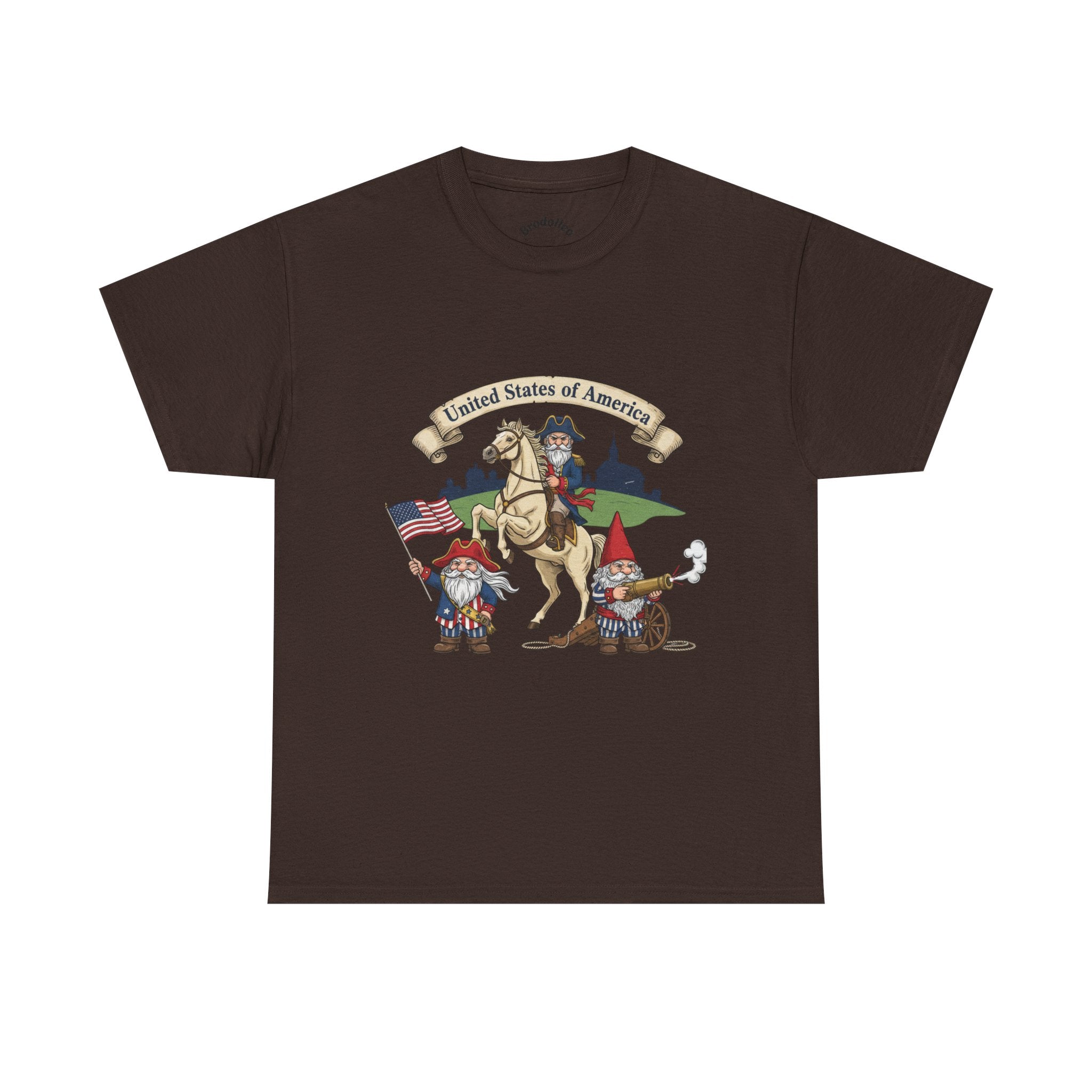 Patriotic Gnome & Horse Tee — "United States of America" Graphic T-Shirt