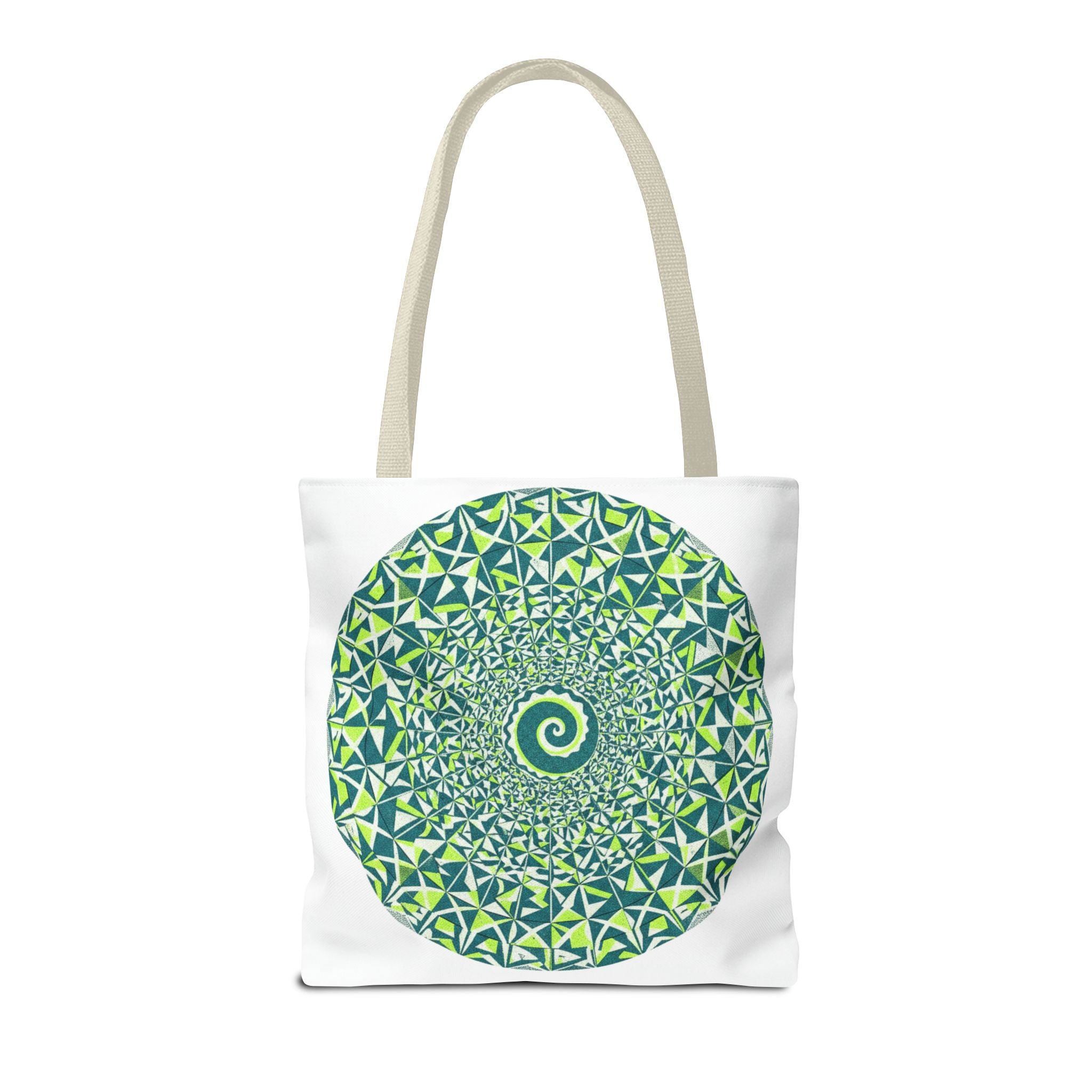 Spiral Mandala Tote Bag — Green Geometric All-Over Print Tote