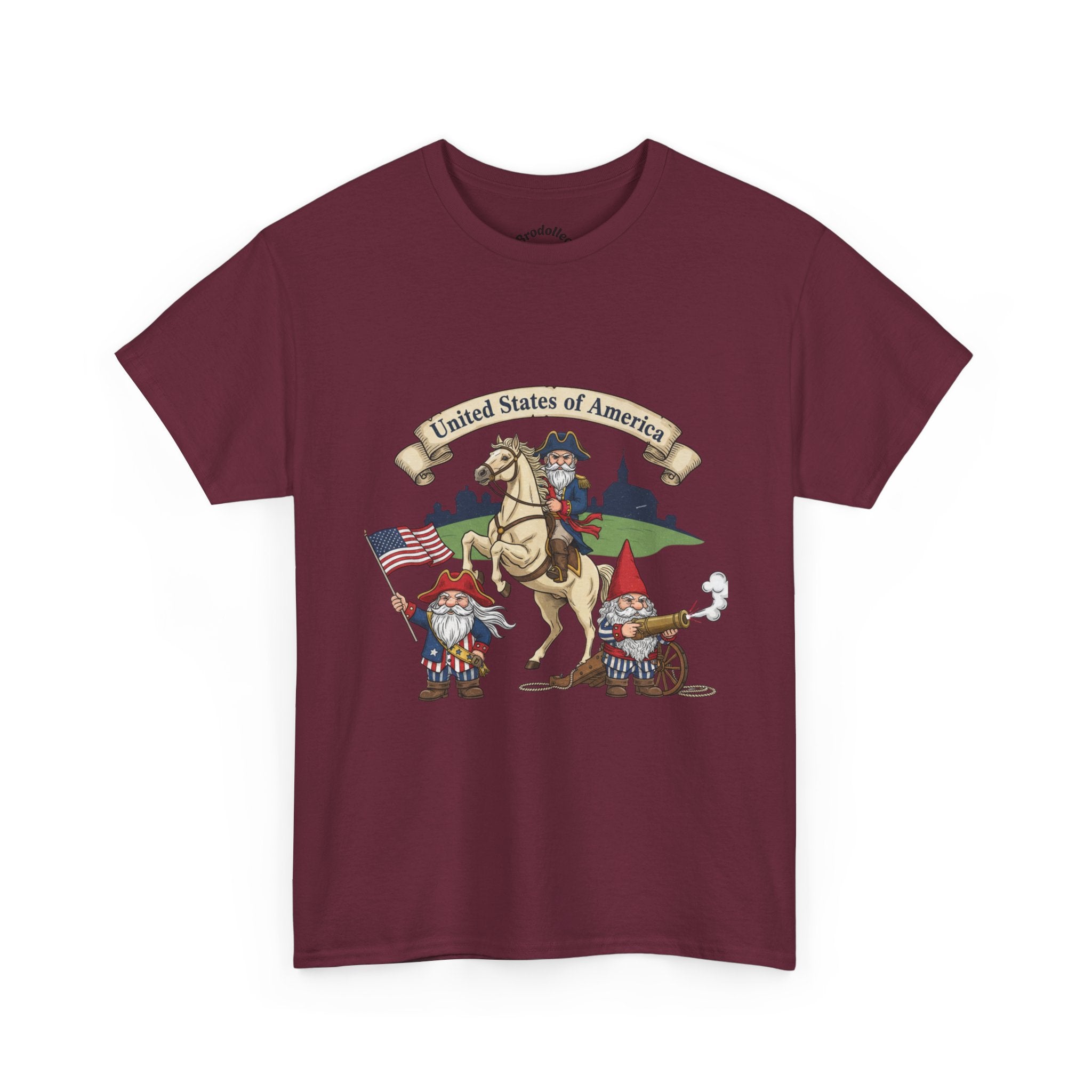Patriotic Gnome & Horse Tee — "United States of America" Graphic T-Shirt