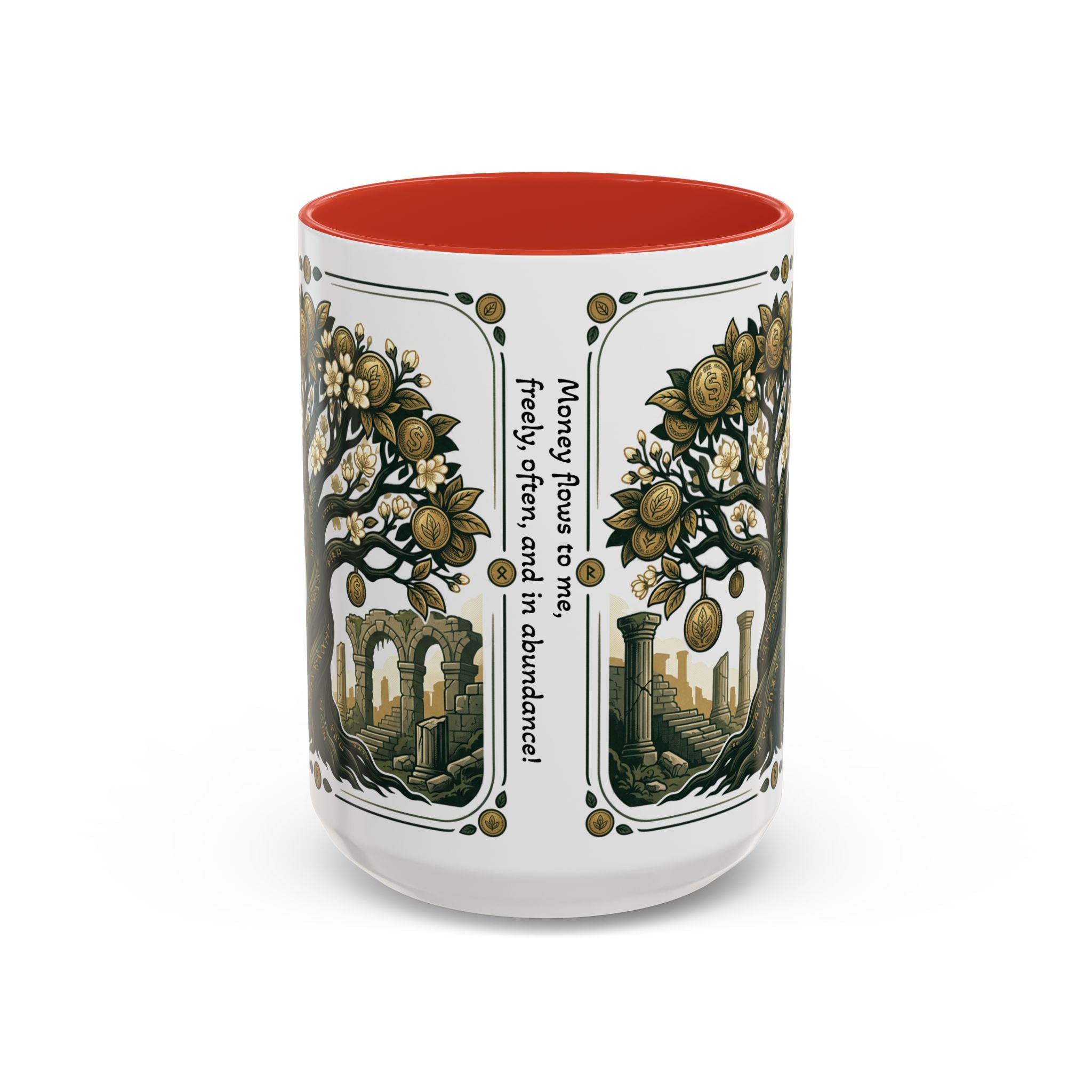 Ornate Tree of Coins Coffee Mug — Gold Ruins Accent Ceramic Mug (11/15oz)