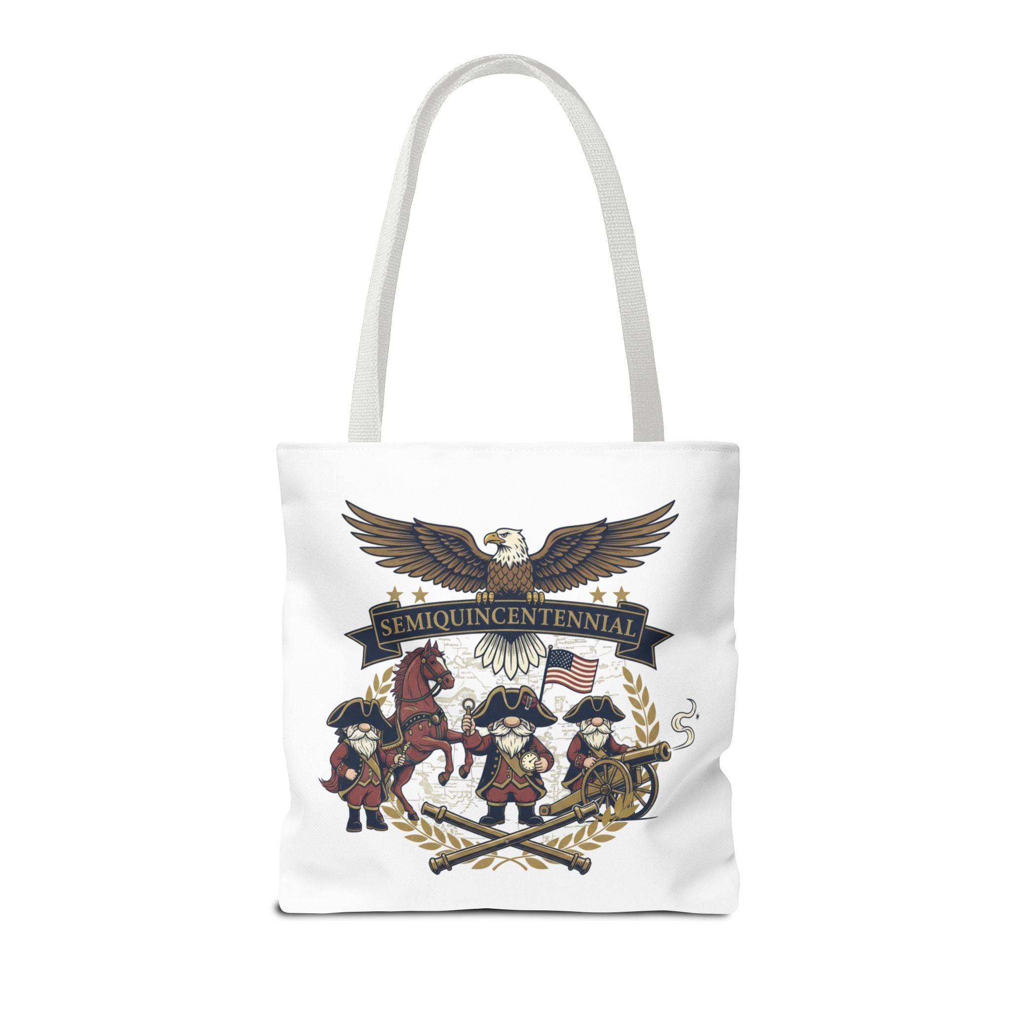 Semiquincentennial Patriotic Tote Bag — Eagle, Colonial Soldiers & Flags All-Over Print