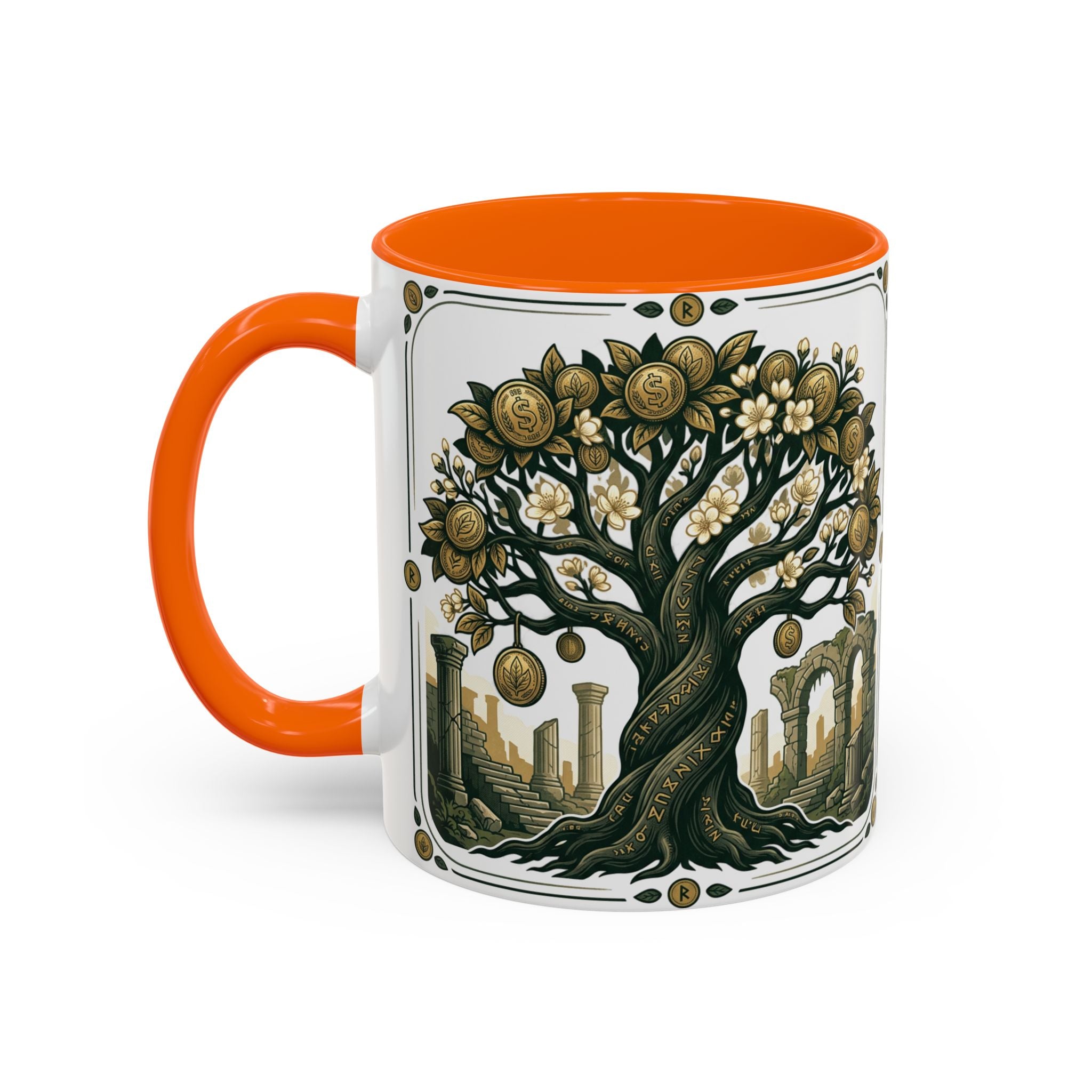 Ornate Tree of Coins Coffee Mug — Gold Ruins Accent Ceramic Mug (11/15oz)