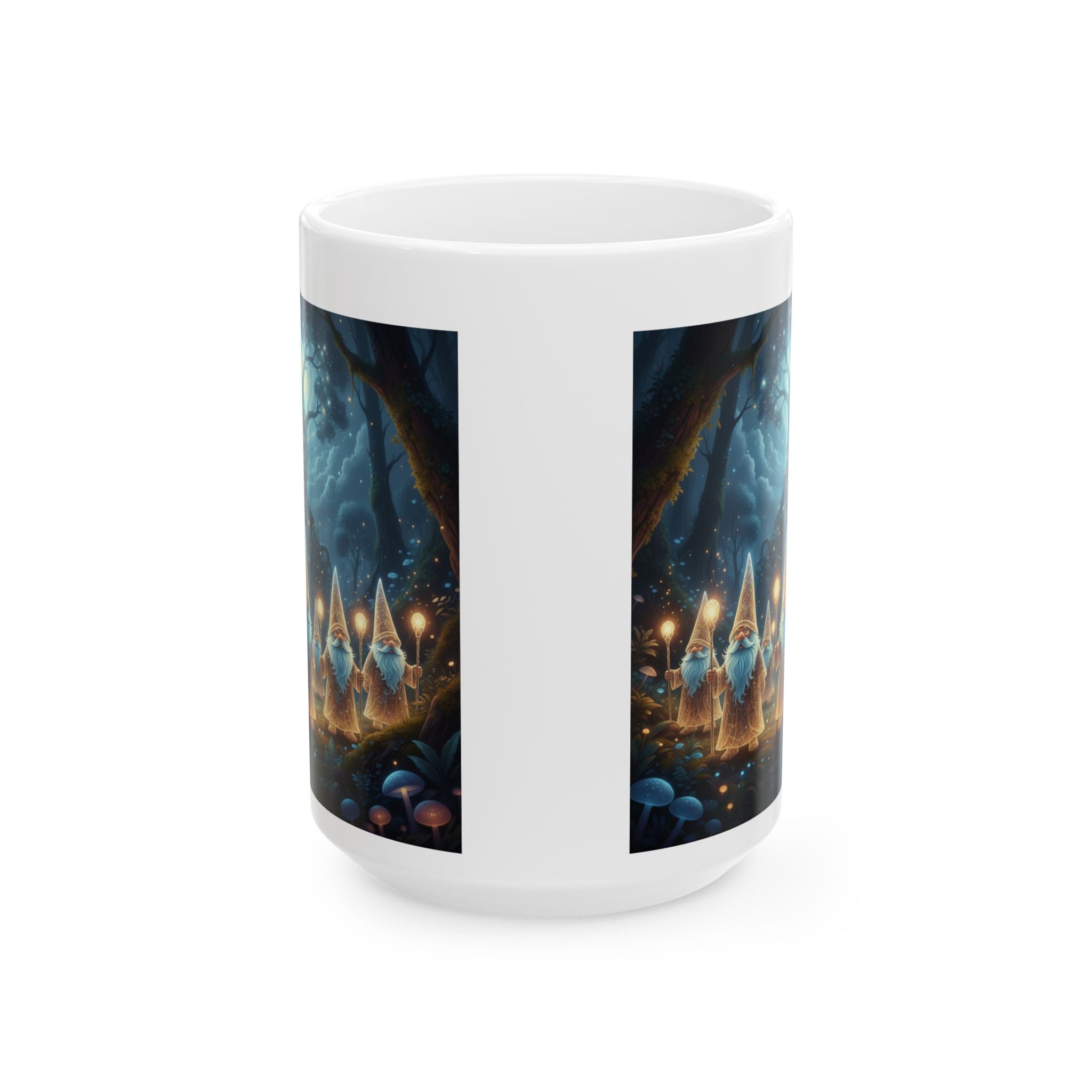 Fantasy Gnome Forest Ceramic Mug (11oz/15oz) — Whimsical Candlelight Garden Coffee Cup