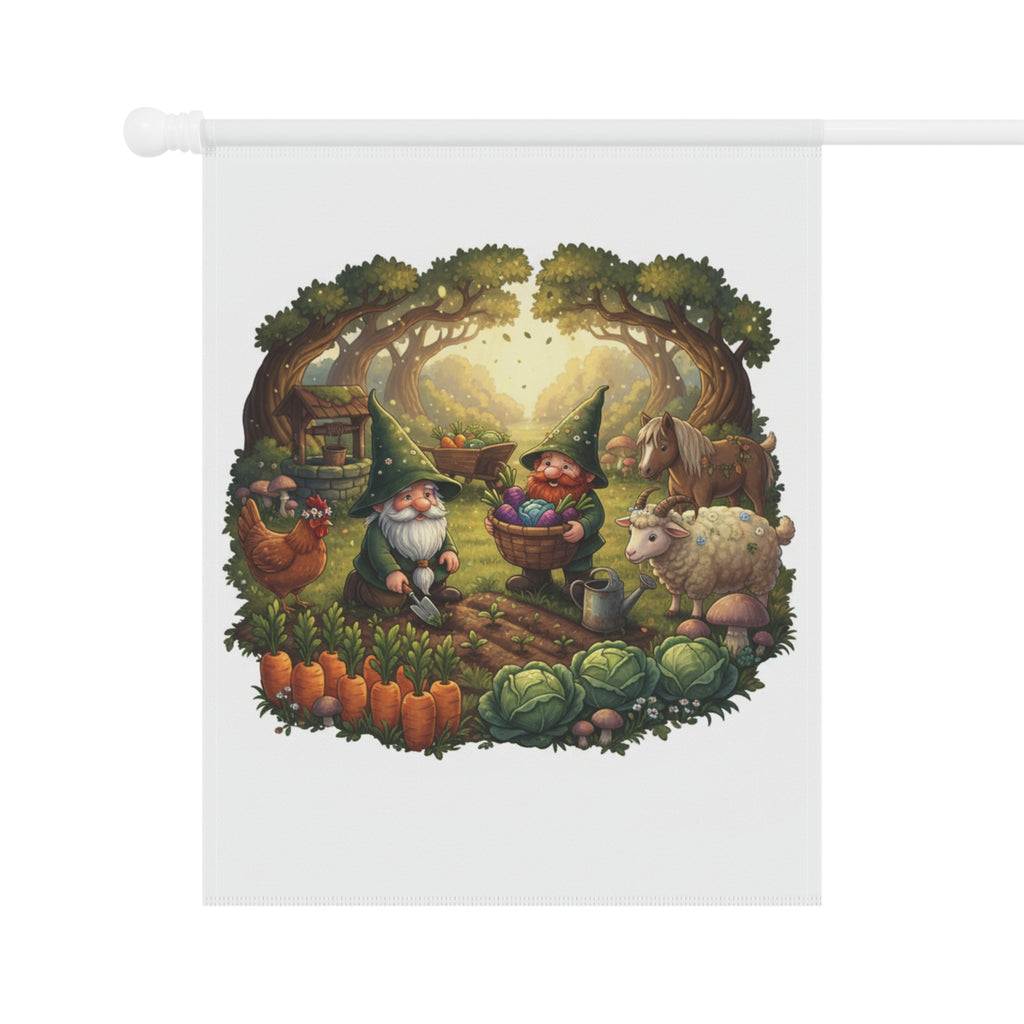 Whimsical Garden Gnomes Garden Flag — Cottage Farm Animals Yard Banner
