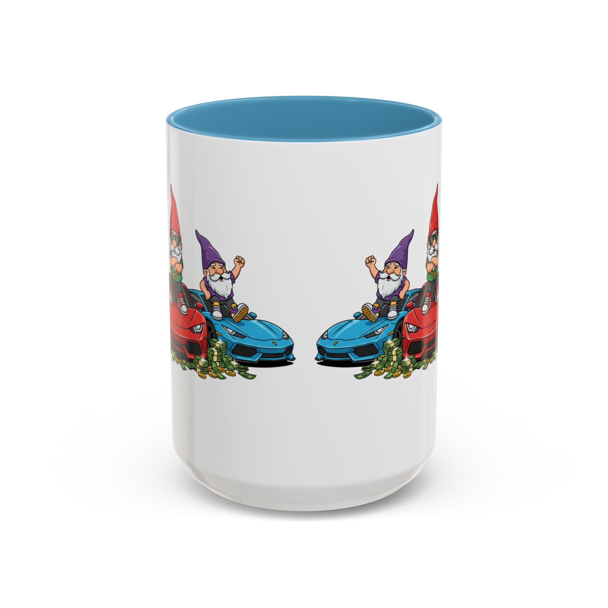 Gnome Car Crew Accent Coffee Mug — Racing Gnomes with Sports Cars (11/15oz)