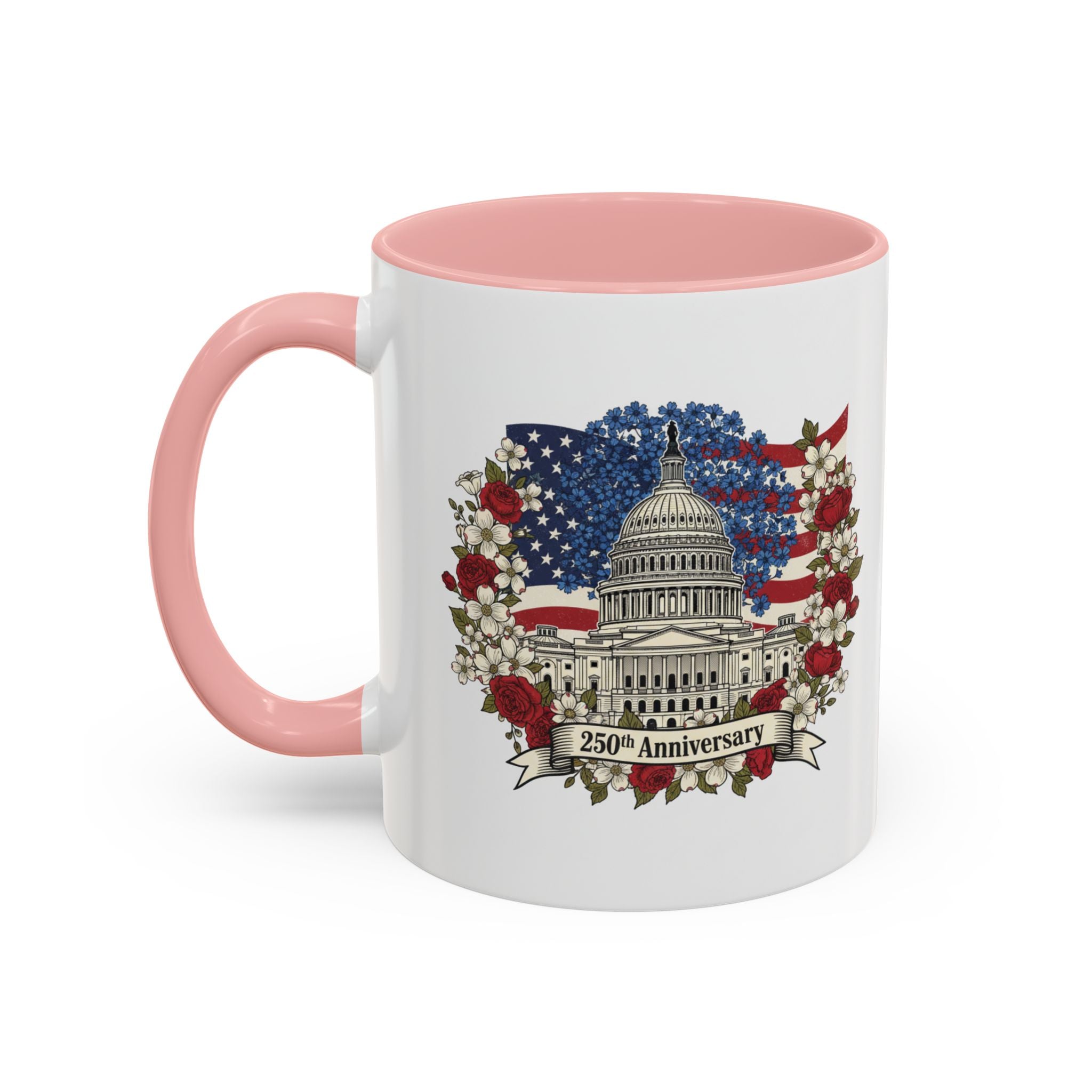 Capitol 250th Anniversary Accent Coffee Mug – Patriotic American Flag Floral Design (11/15oz)