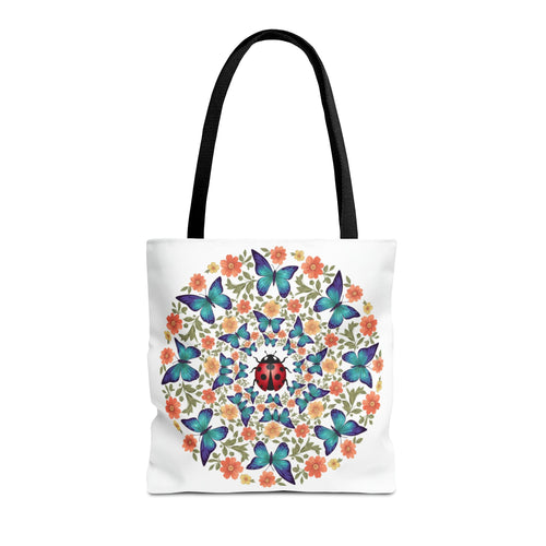 Butterfly & Ladybug Floral Tote Bag – Boho Mandala AOP Beach & Market Bag