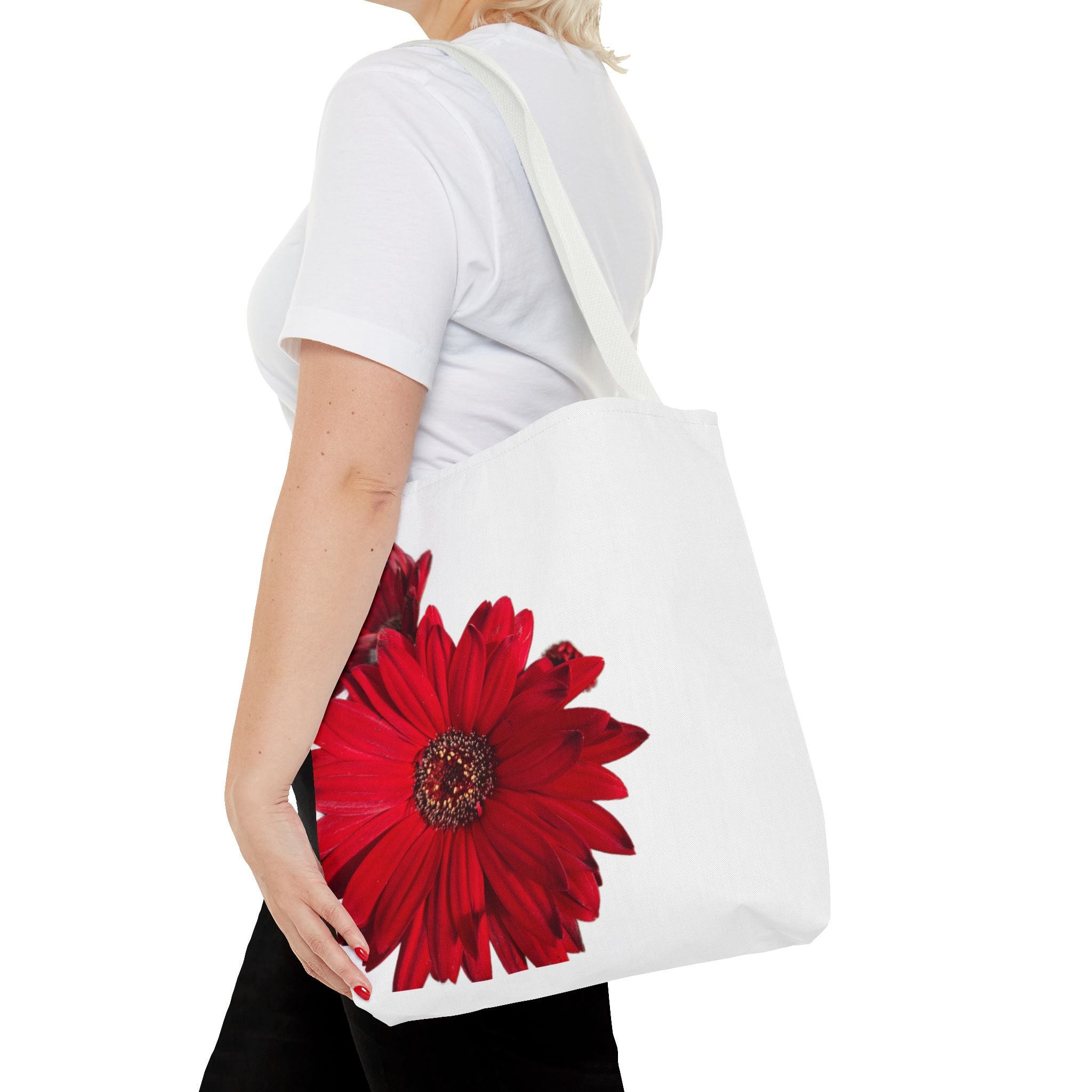 Red Gerbera Floral Tote Bag – Bright Daisy Print Canvas Tote